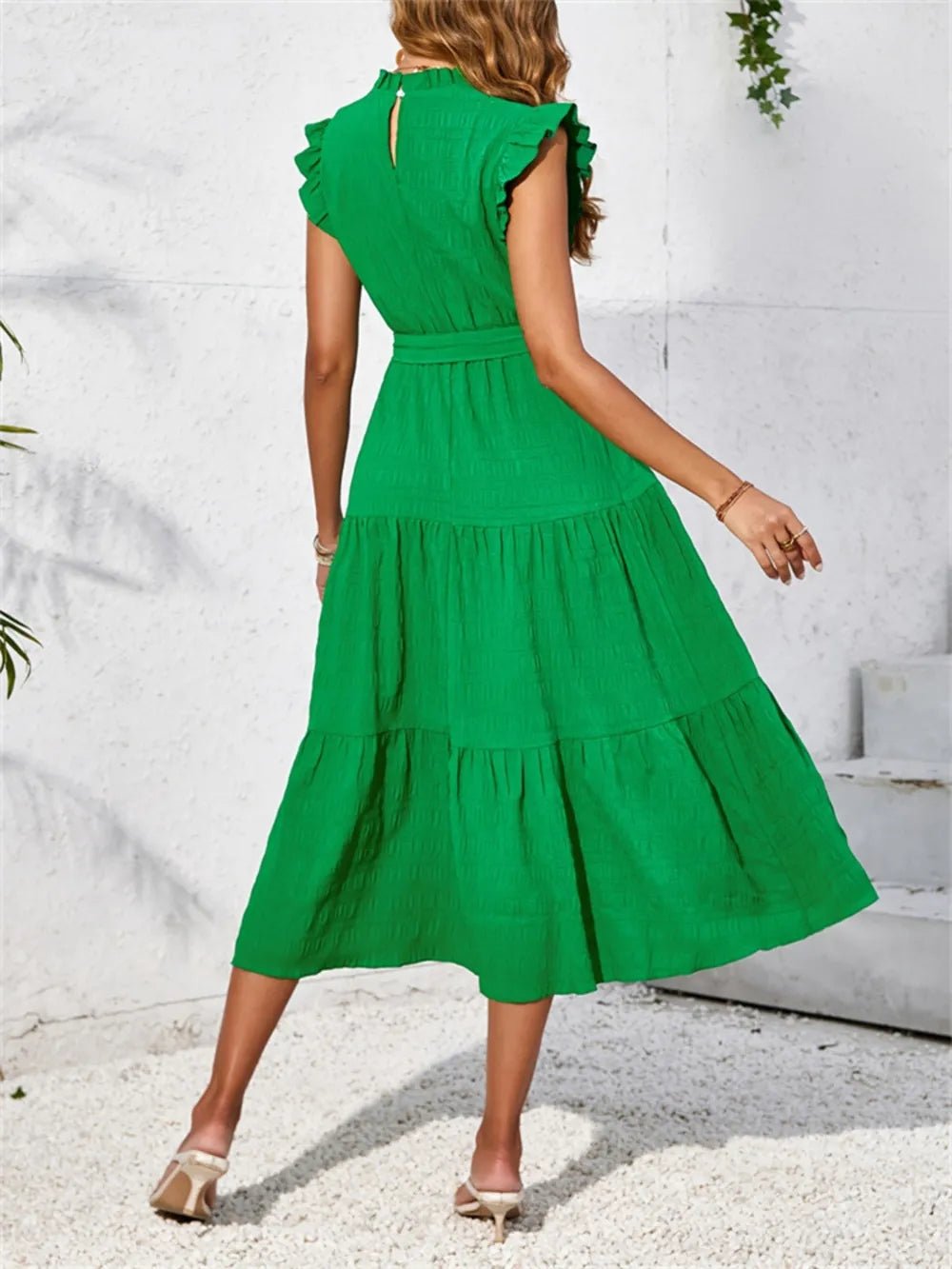 Frill Mock Neck Ruffled Cap Sleeve Midi Dress - Lookzlike
