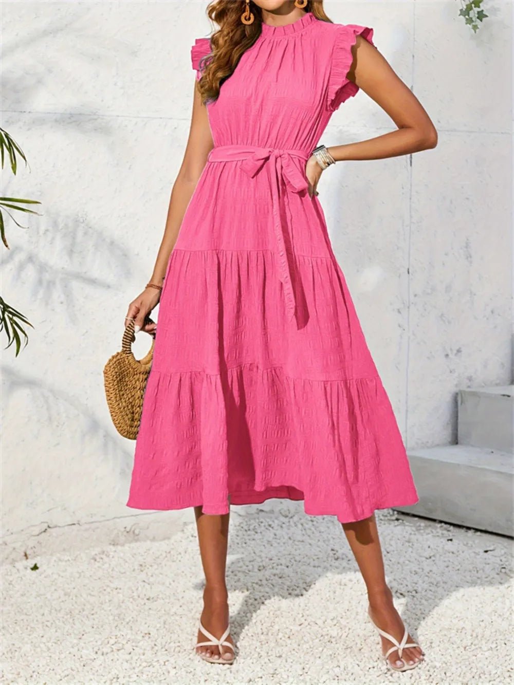 Frill Mock Neck Ruffled Cap Sleeve Midi Dress - Lookzlike