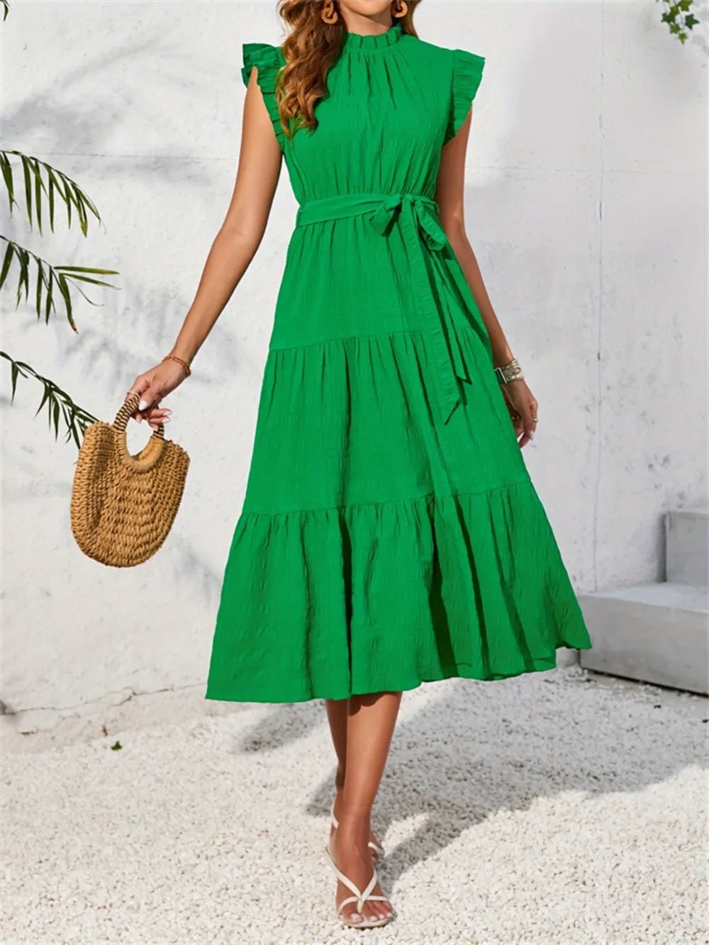 Frill Mock Neck Ruffled Cap Sleeve Midi Dress - Lookzlike