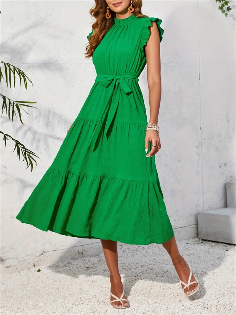 Frill Mock Neck Ruffled Cap Sleeve Midi Dress - Lookzlike