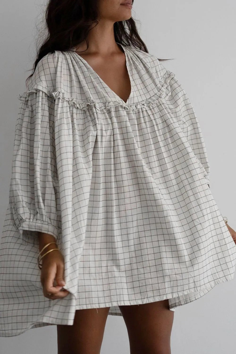 Frill Plaid Notched Balloon Sleeve Mini Dress - Lookzlike