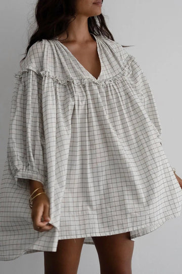 Frill Plaid Notched Balloon Sleeve Mini Dress - Lookzlike