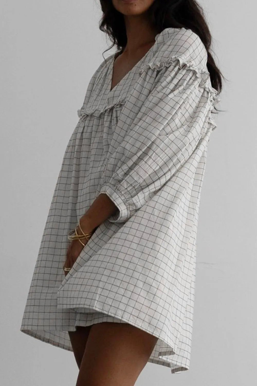 Frill Plaid Notched Balloon Sleeve Mini Dress - Lookzlike