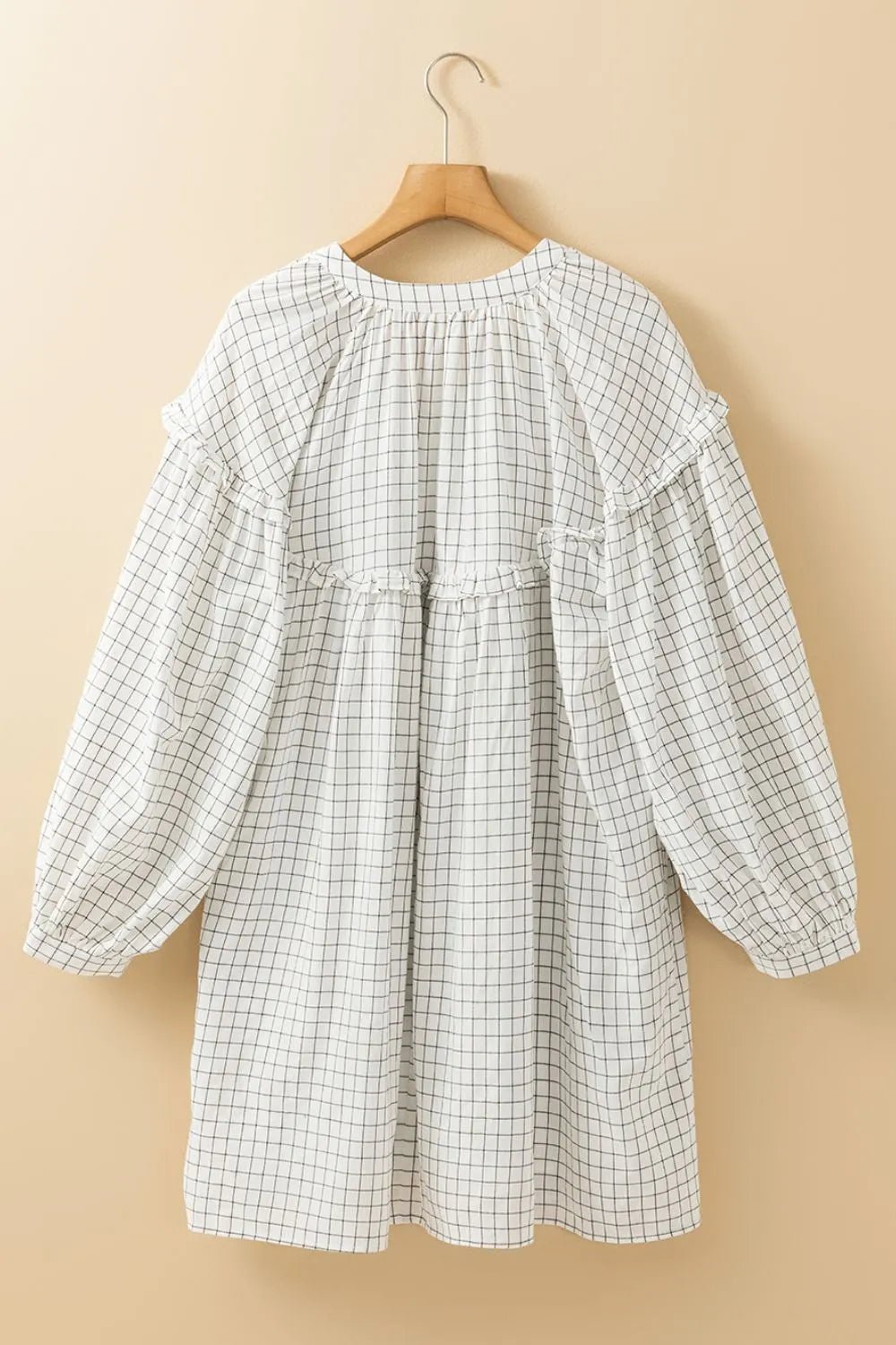Frill Plaid Notched Balloon Sleeve Mini Dress - Lookzlike