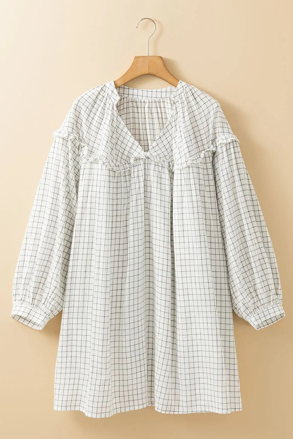 Frill Plaid Notched Balloon Sleeve Mini Dress - Lookzlike