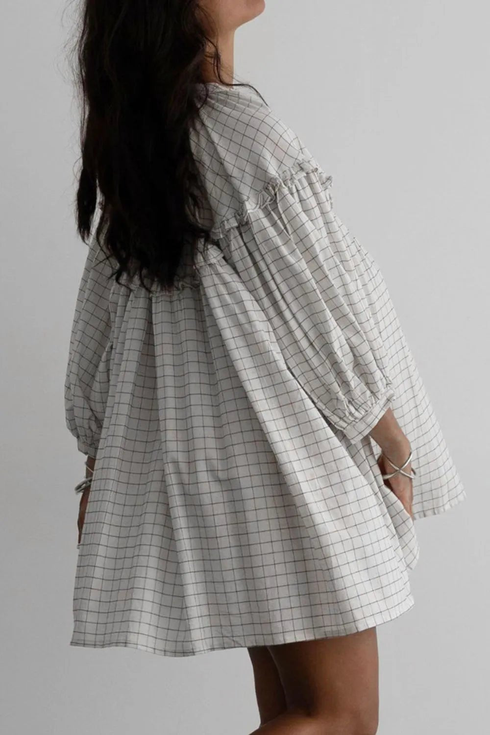 Frill Plaid Notched Balloon Sleeve Mini Dress - Lookzlike