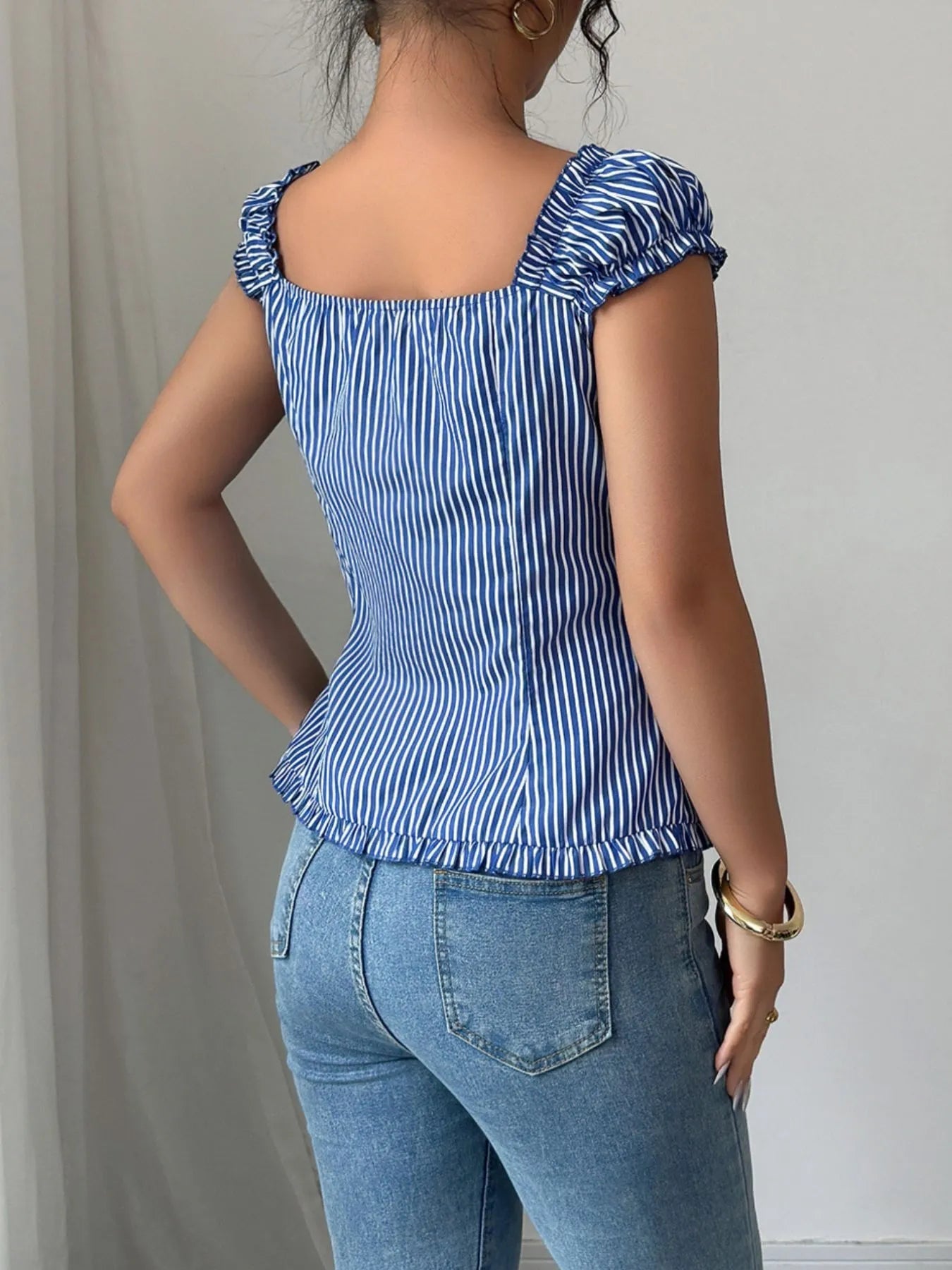 Frill Striped Cap Sleeve Blouse - Lookzlike