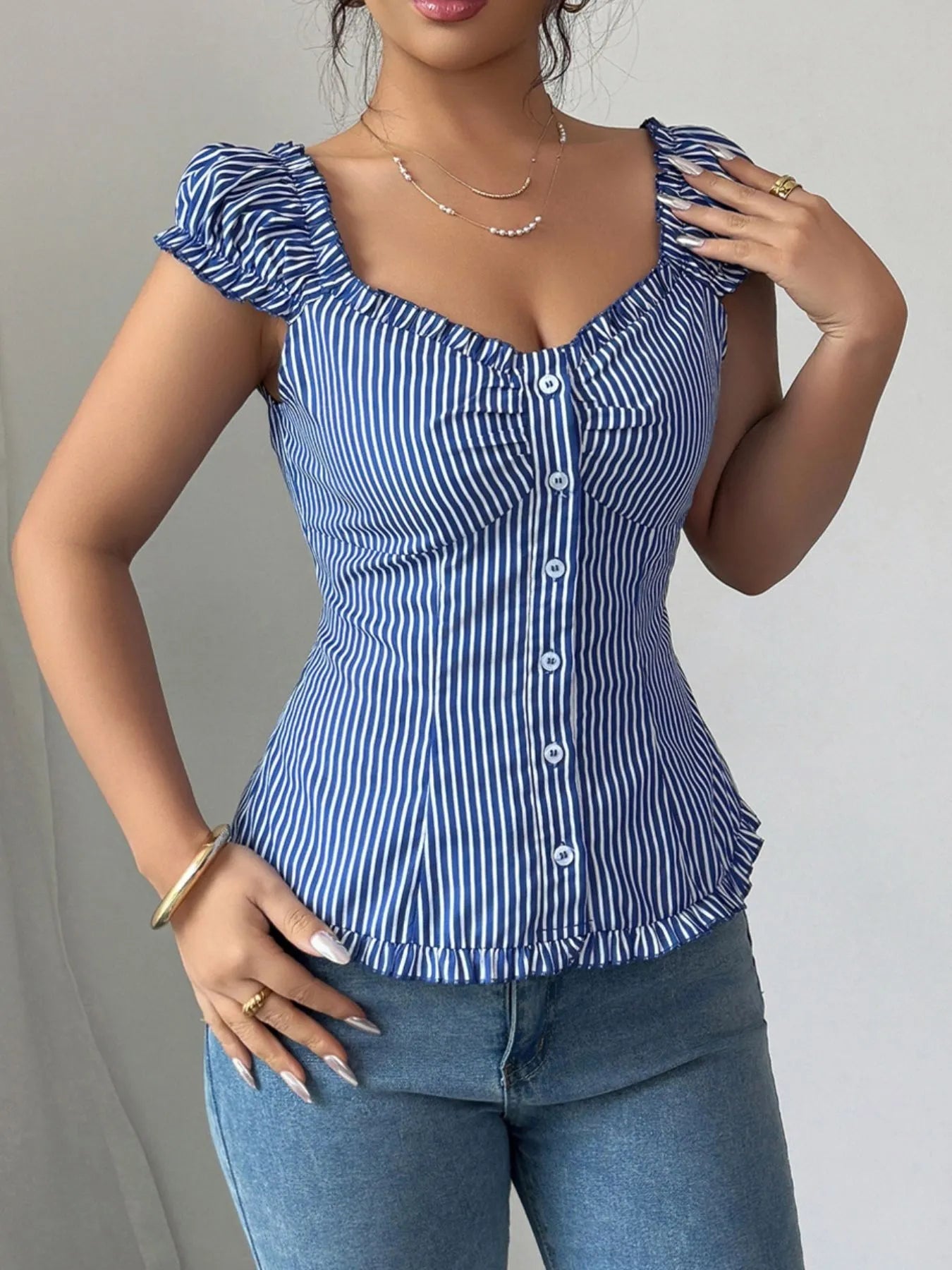 Frill Striped Cap Sleeve Blouse - Lookzlike