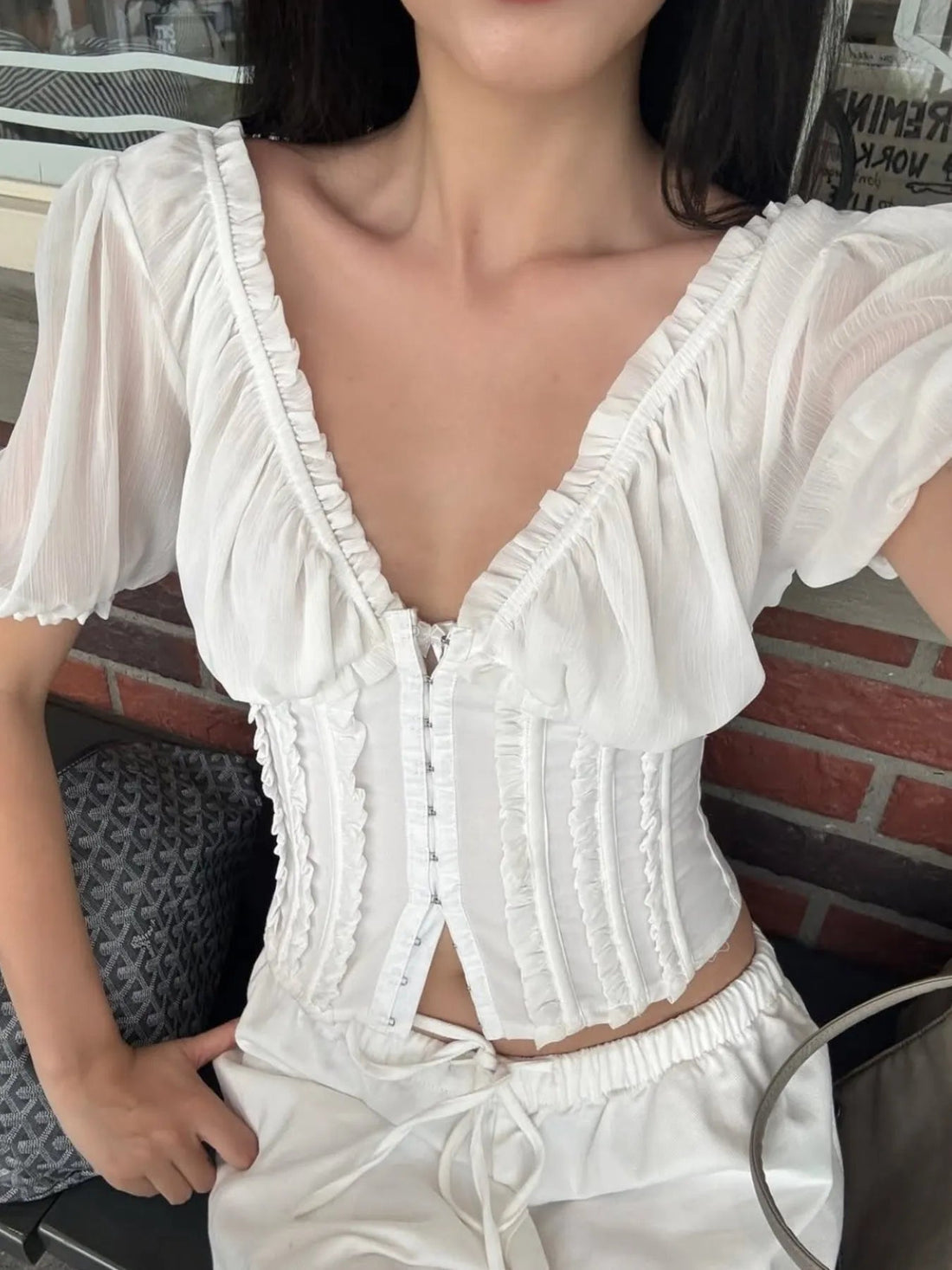 Frill V-Neck Puff Sleeve Blouse - Lookzlike