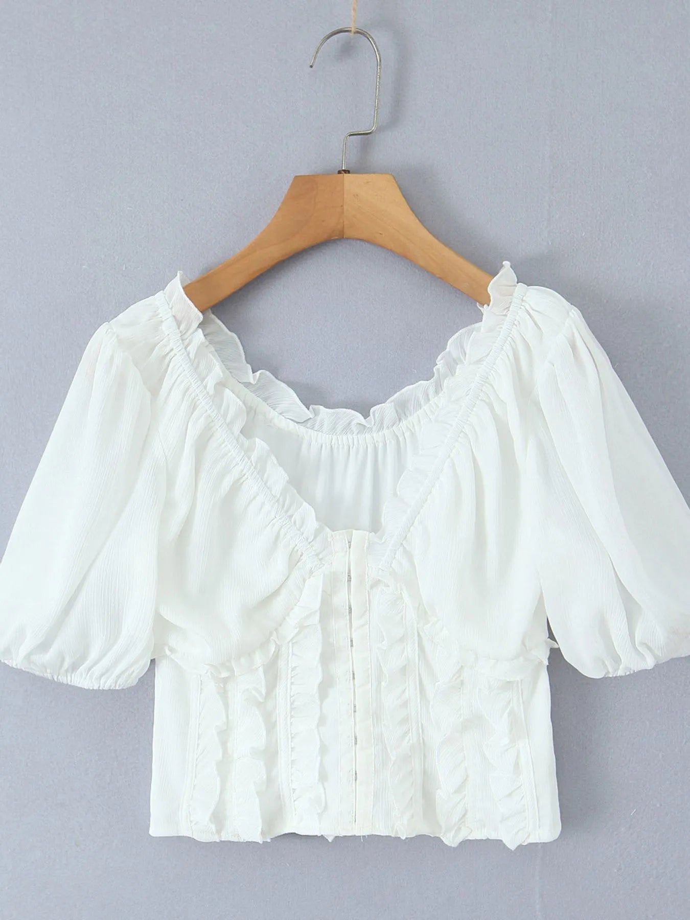 Frill V-Neck Puff Sleeve Blouse - Lookzlike