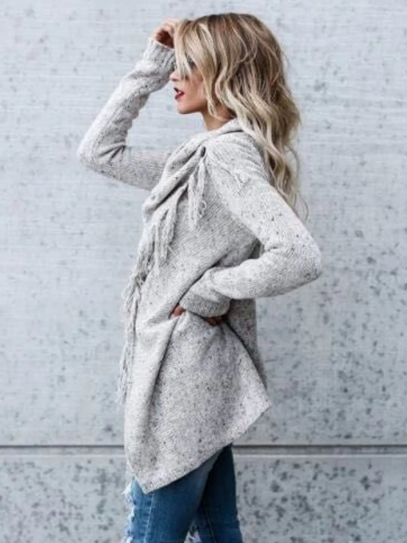 Fringe Long Sleeve Wrap Cardigan designed for comfort and style at Lookzlike