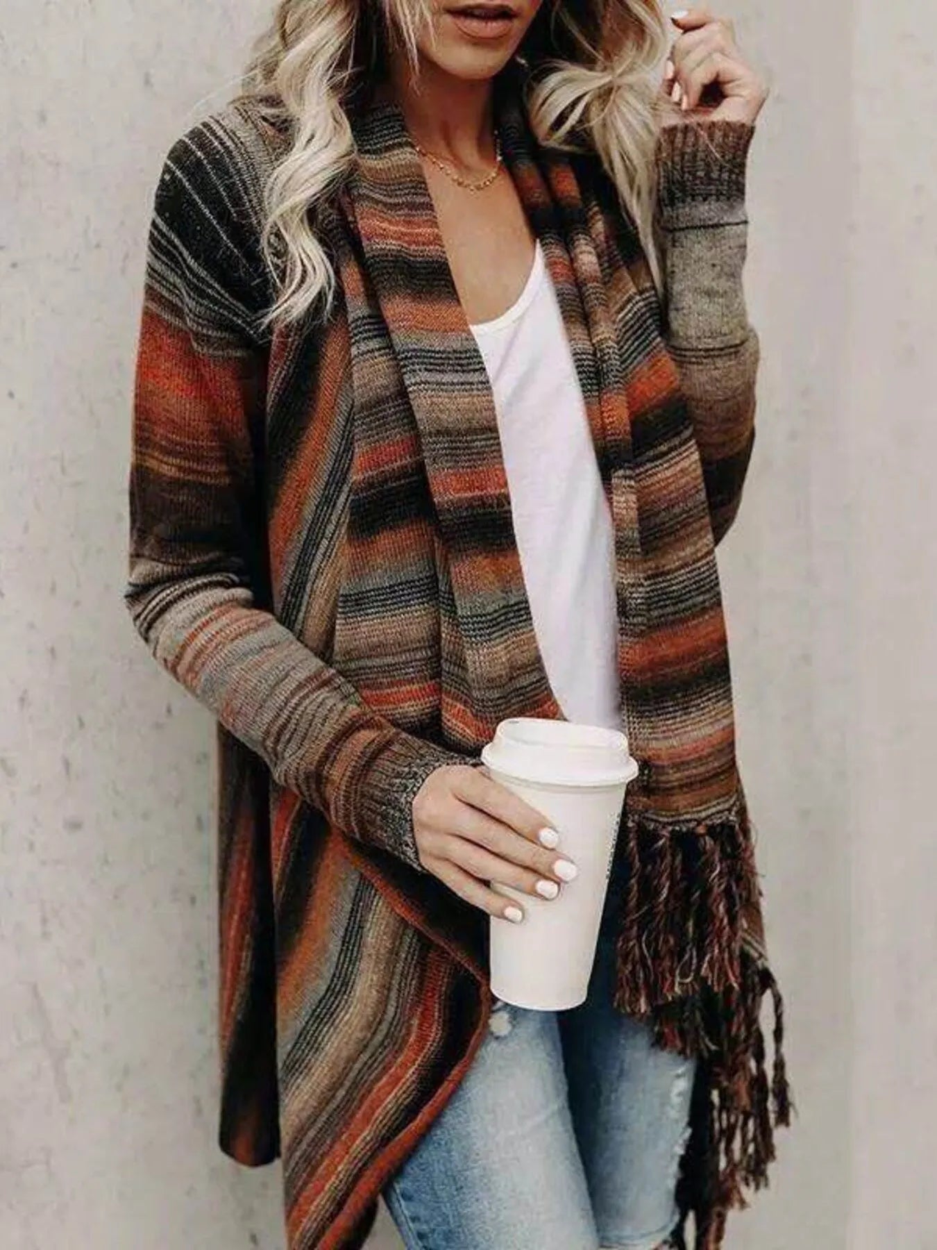 Fringe Long Sleeve Wrap Cardigan designed for comfort and style at Lookzlike