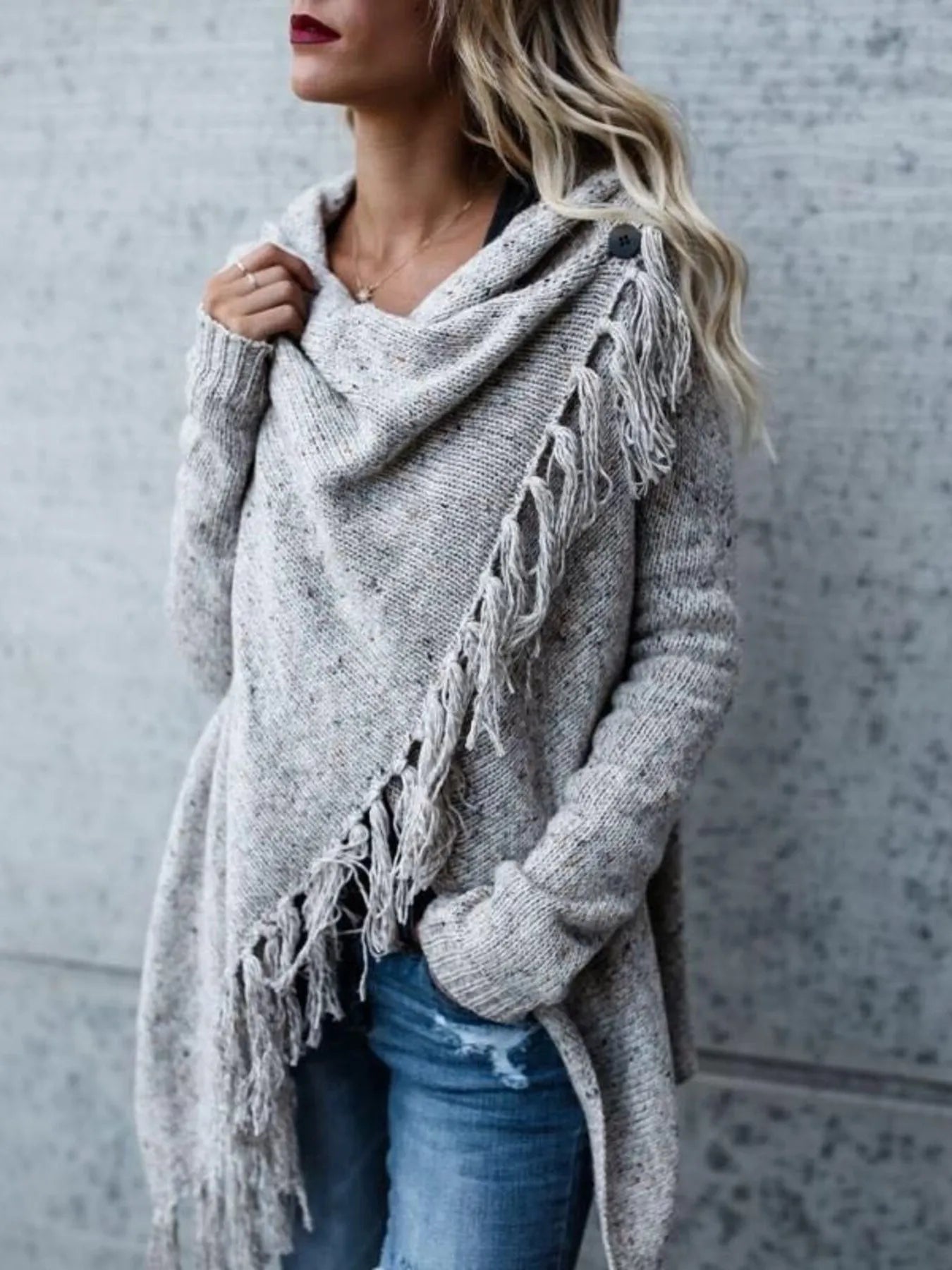 Fringe Long Sleeve Wrap Cardigan designed for comfort and style at Lookzlike