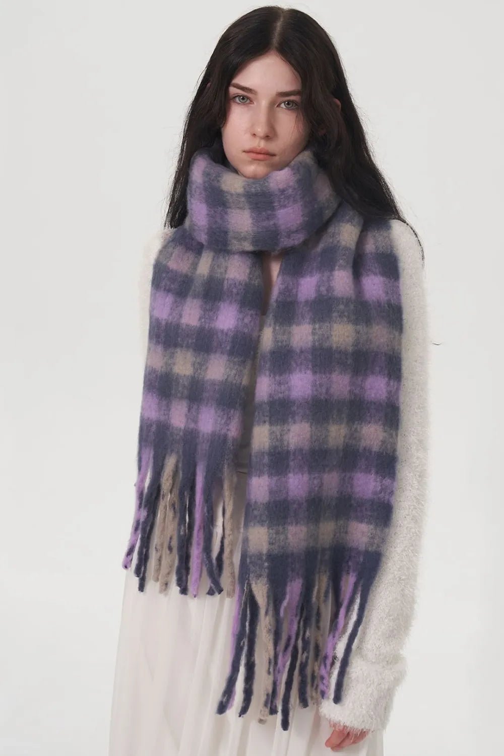 Fringe Plaid Polyester Scarf - Lookzlike