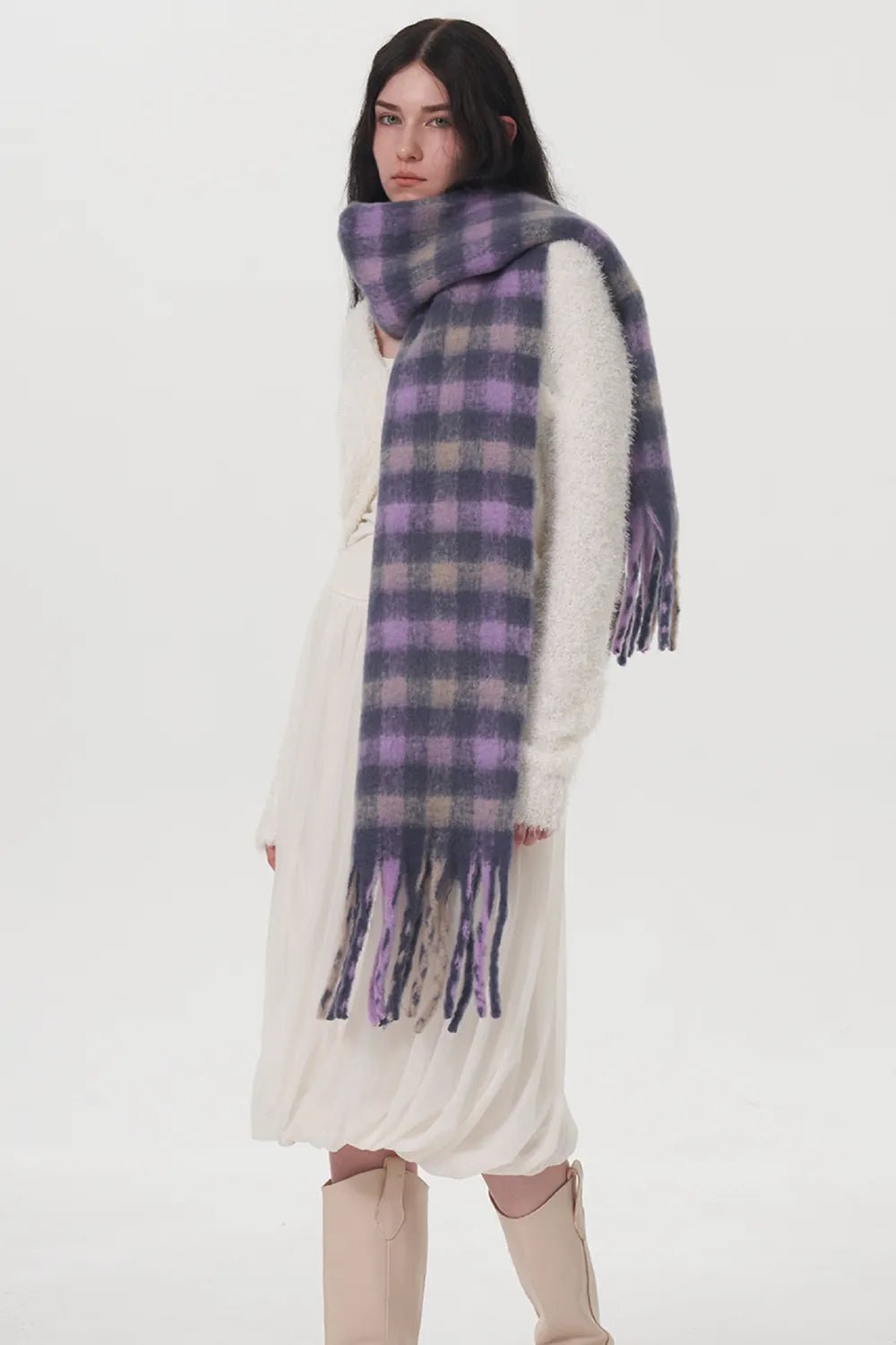Fringe Plaid Polyester Scarf - Lookzlike