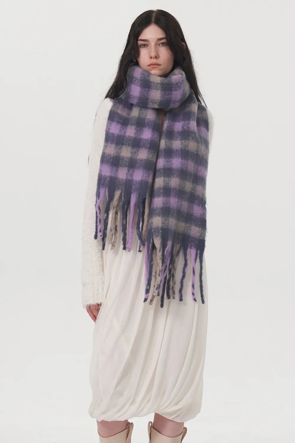 Fringe Plaid Polyester Scarf - Lookzlike