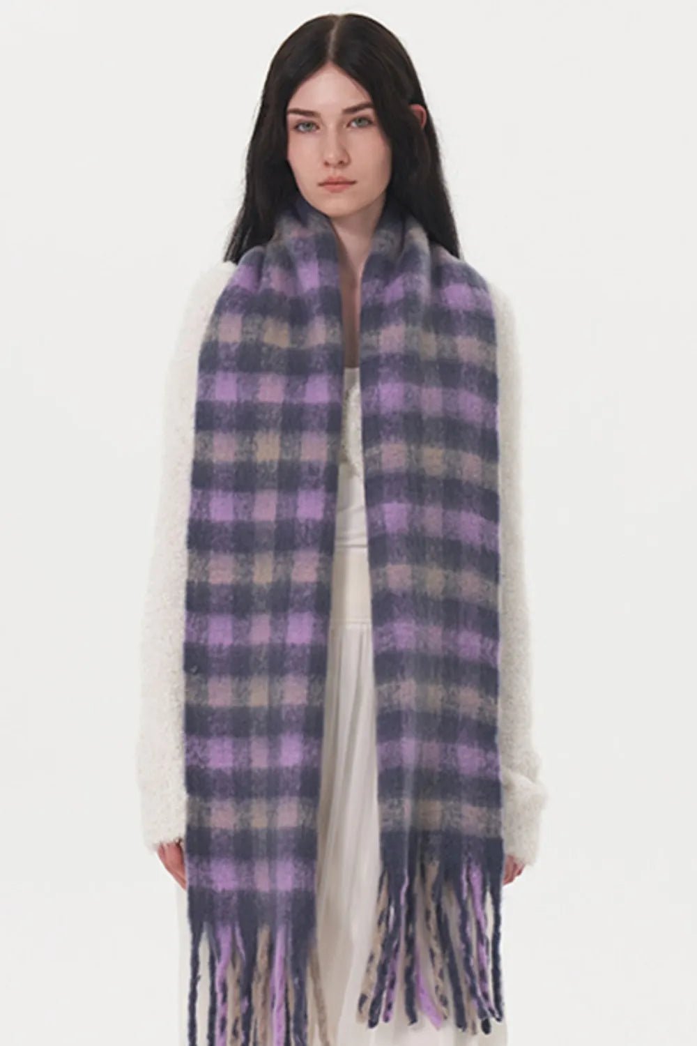 Fringe Plaid Polyester Scarf - Lookzlike