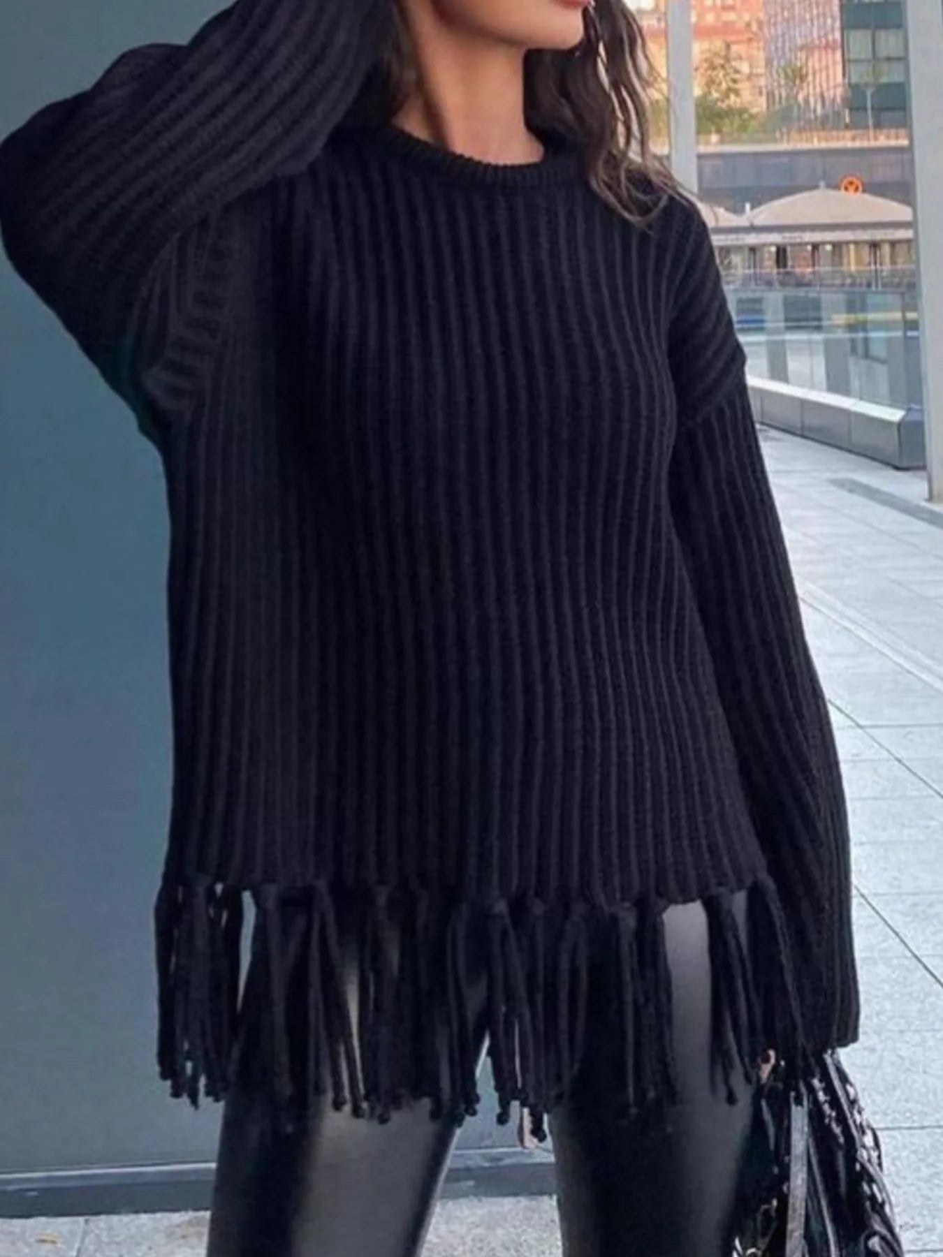 Fringe Round Neck Long Sleeve Sweater designed for comfort and style at Lookzlike