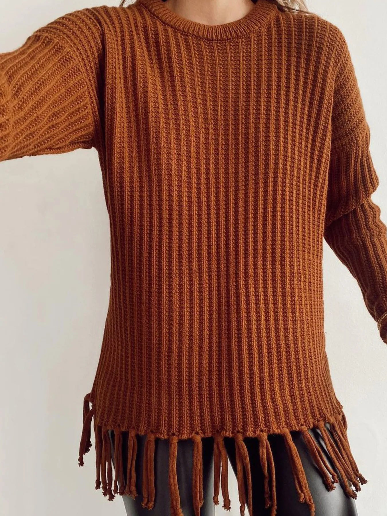 Fringe Round Neck Long Sleeve Sweater designed for comfort and style at Lookzlike
