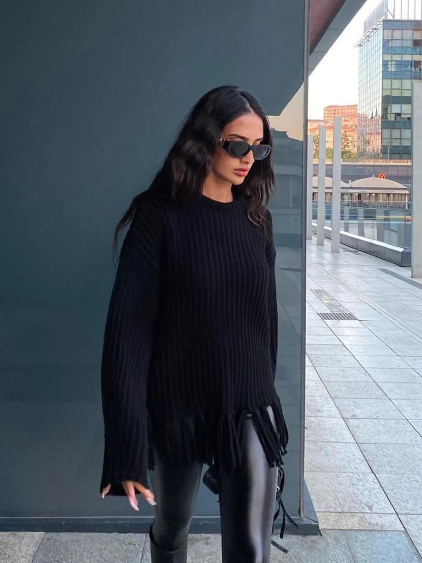 Fringe Round Neck Long Sleeve Sweater designed for comfort and style at Lookzlike