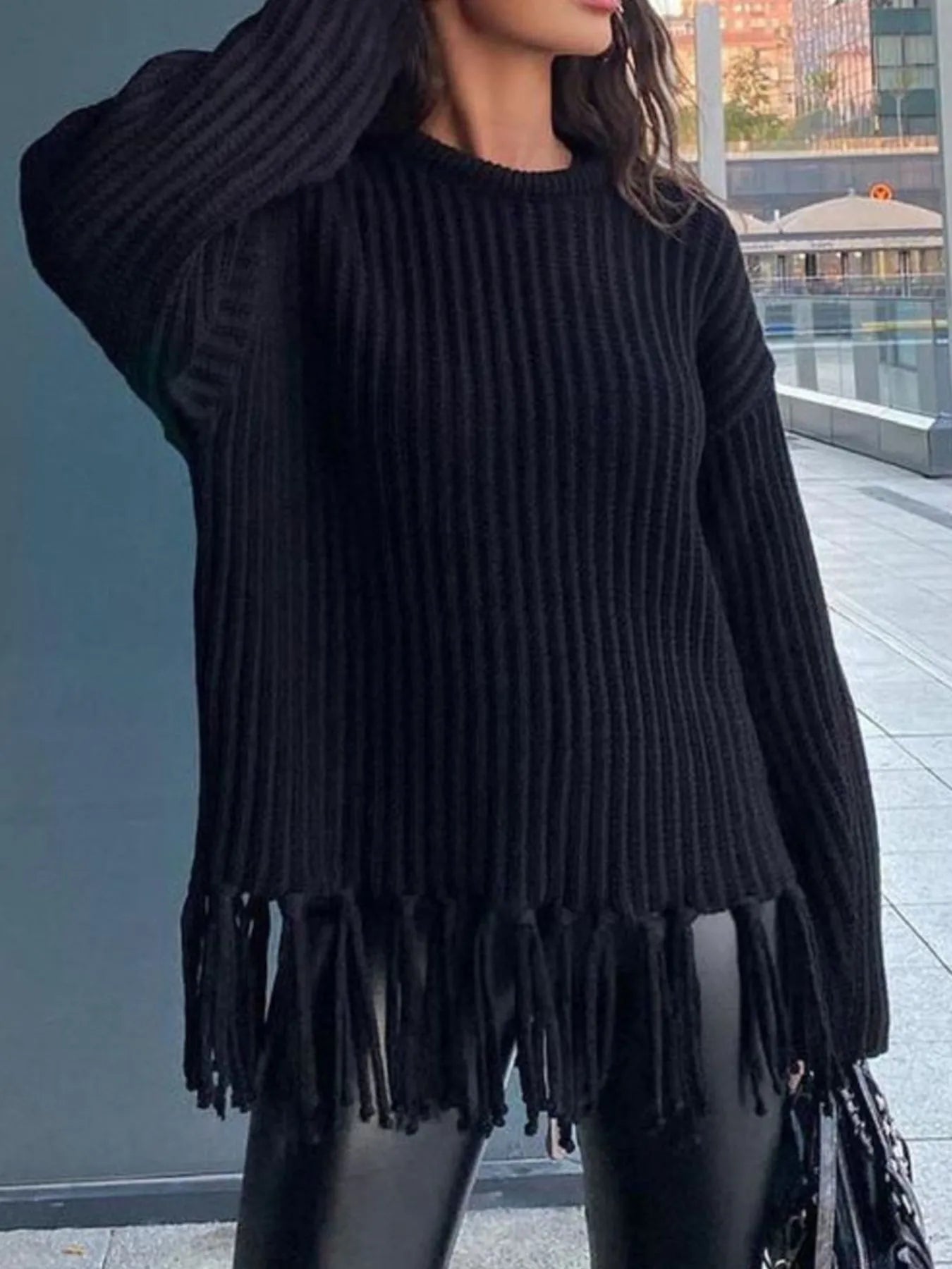 Fringe Round Neck Long Sleeve Sweater designed for comfort and style at Lookzlike