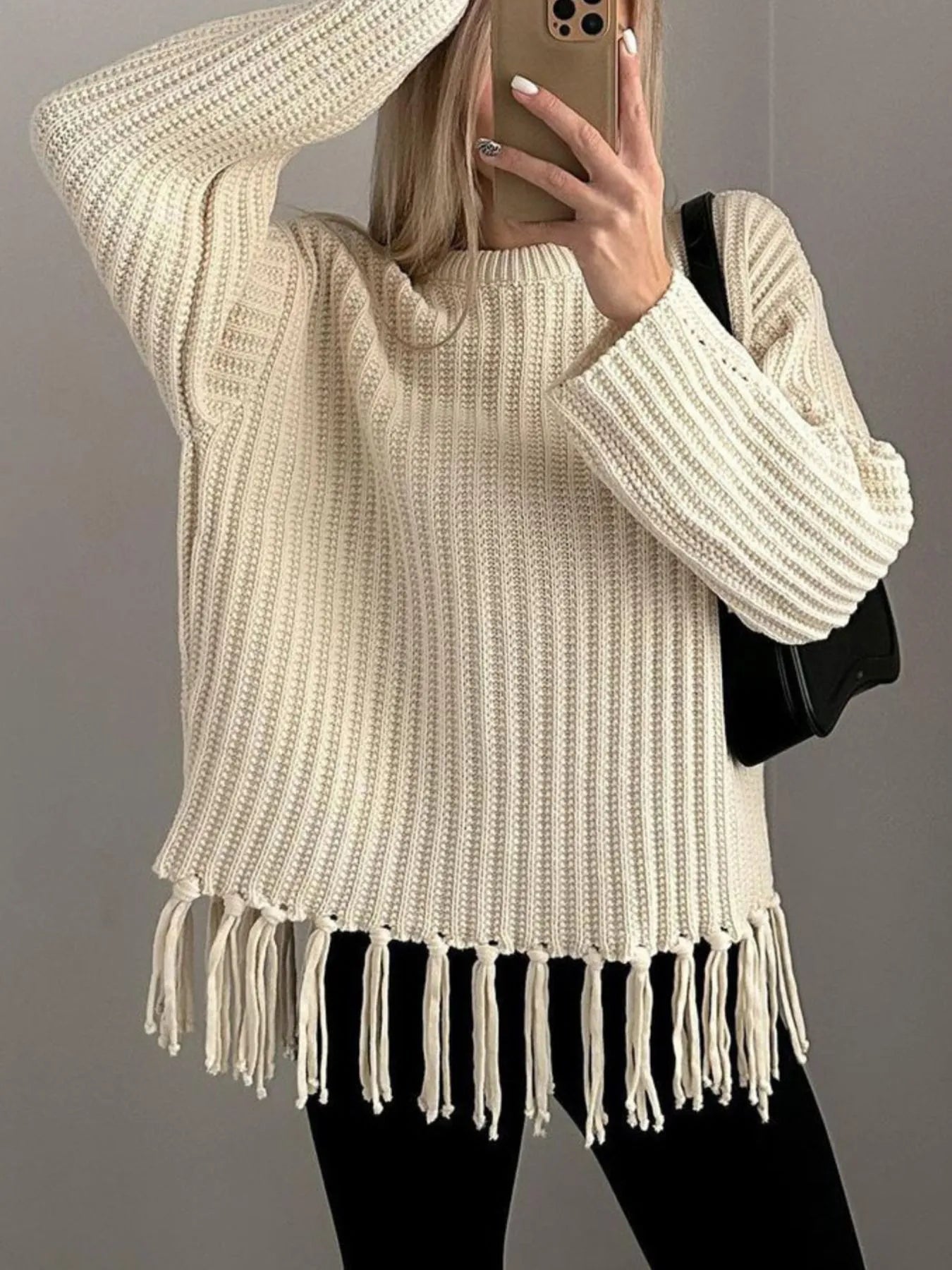 Fringe Round Neck Long Sleeve Sweater designed for comfort and style at Lookzlike