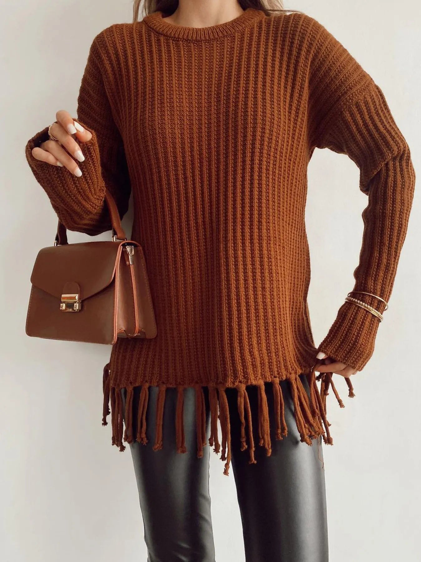 Fringe Round Neck Long Sleeve Sweater designed for comfort and style at Lookzlike