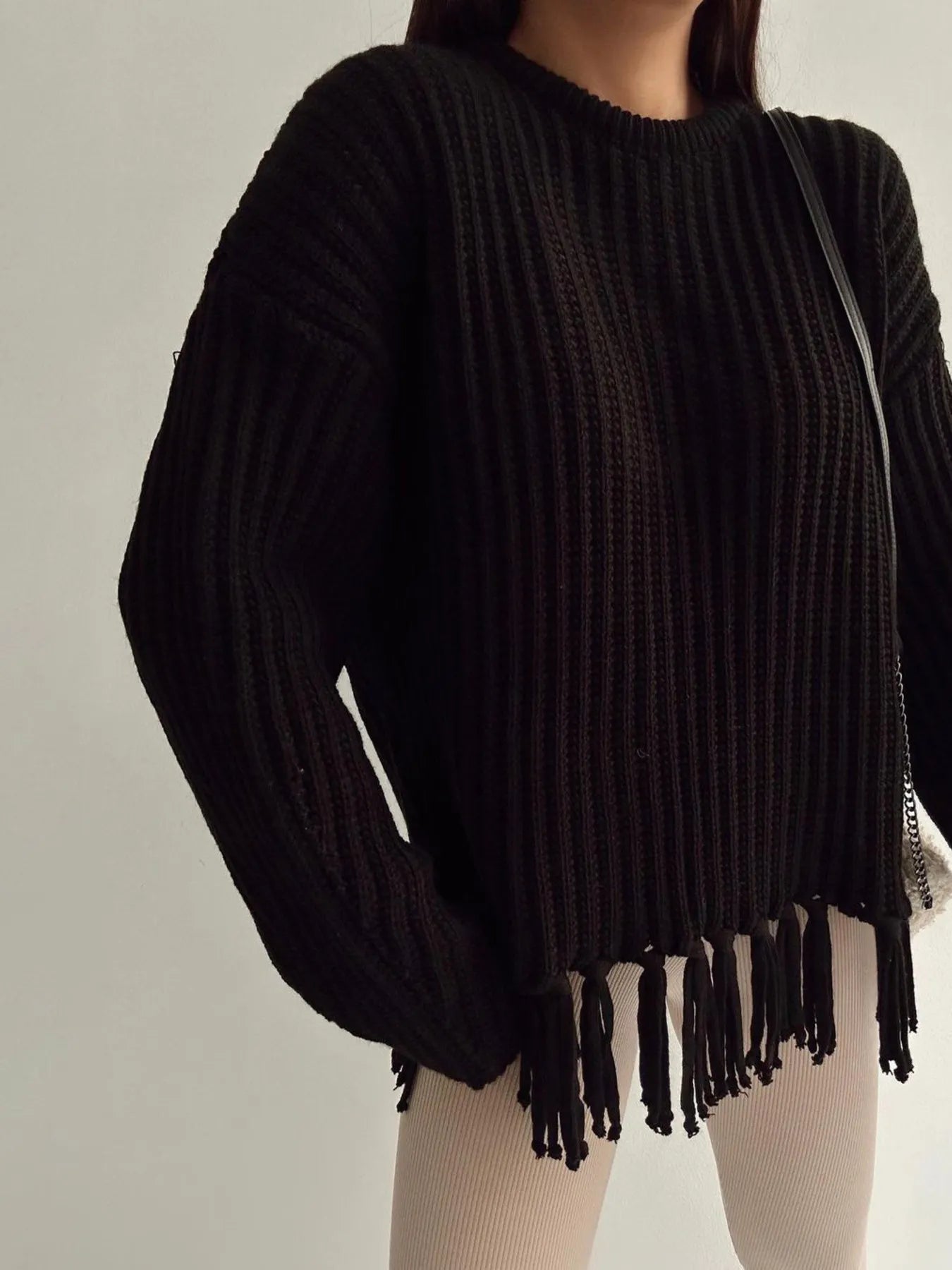 Fringe Round Neck Long Sleeve Sweater designed for comfort and style at Lookzlike