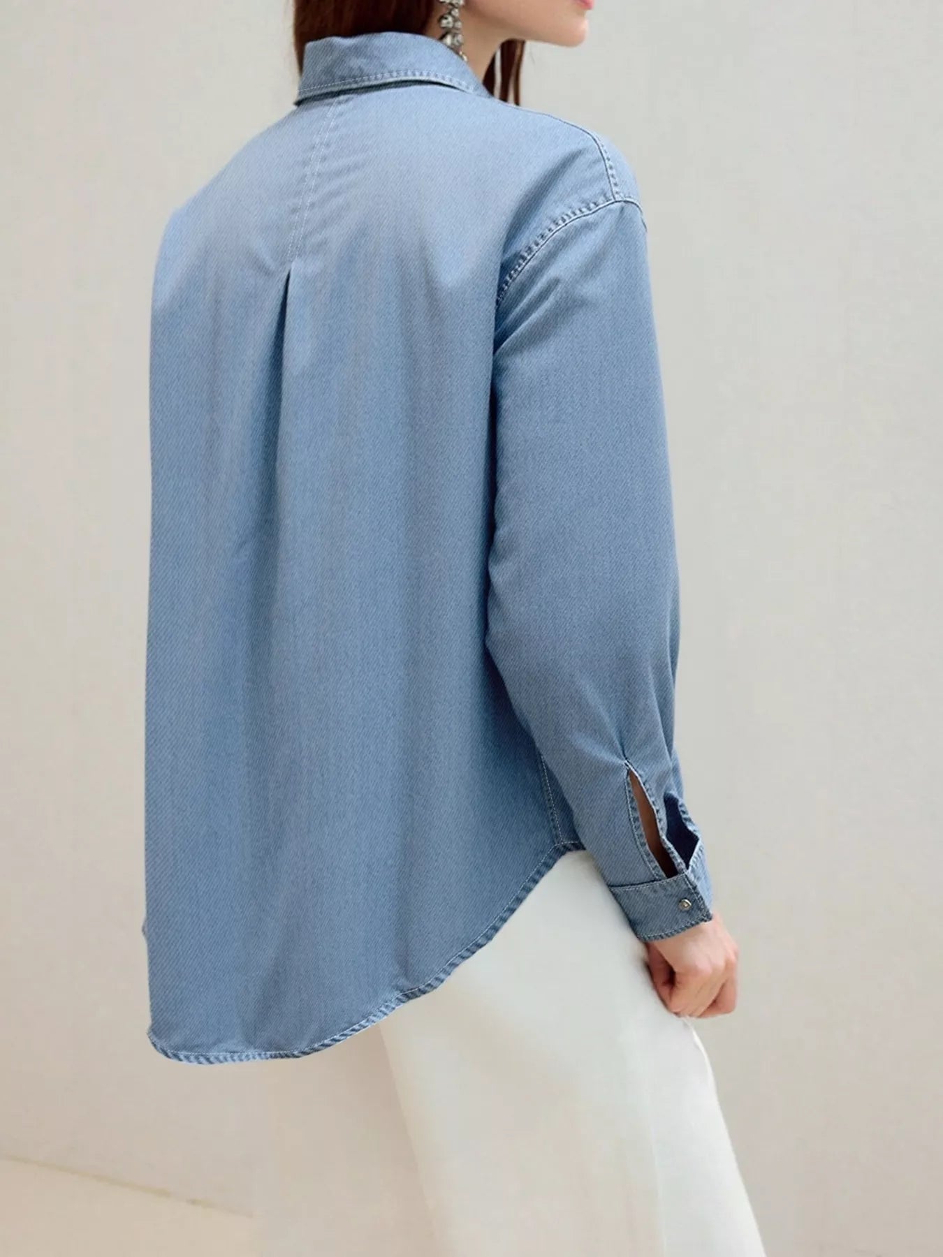 Full Size Button - Up Long Sleeve Denim Shirt Plus Size designed for comfort and style at Lookzlike