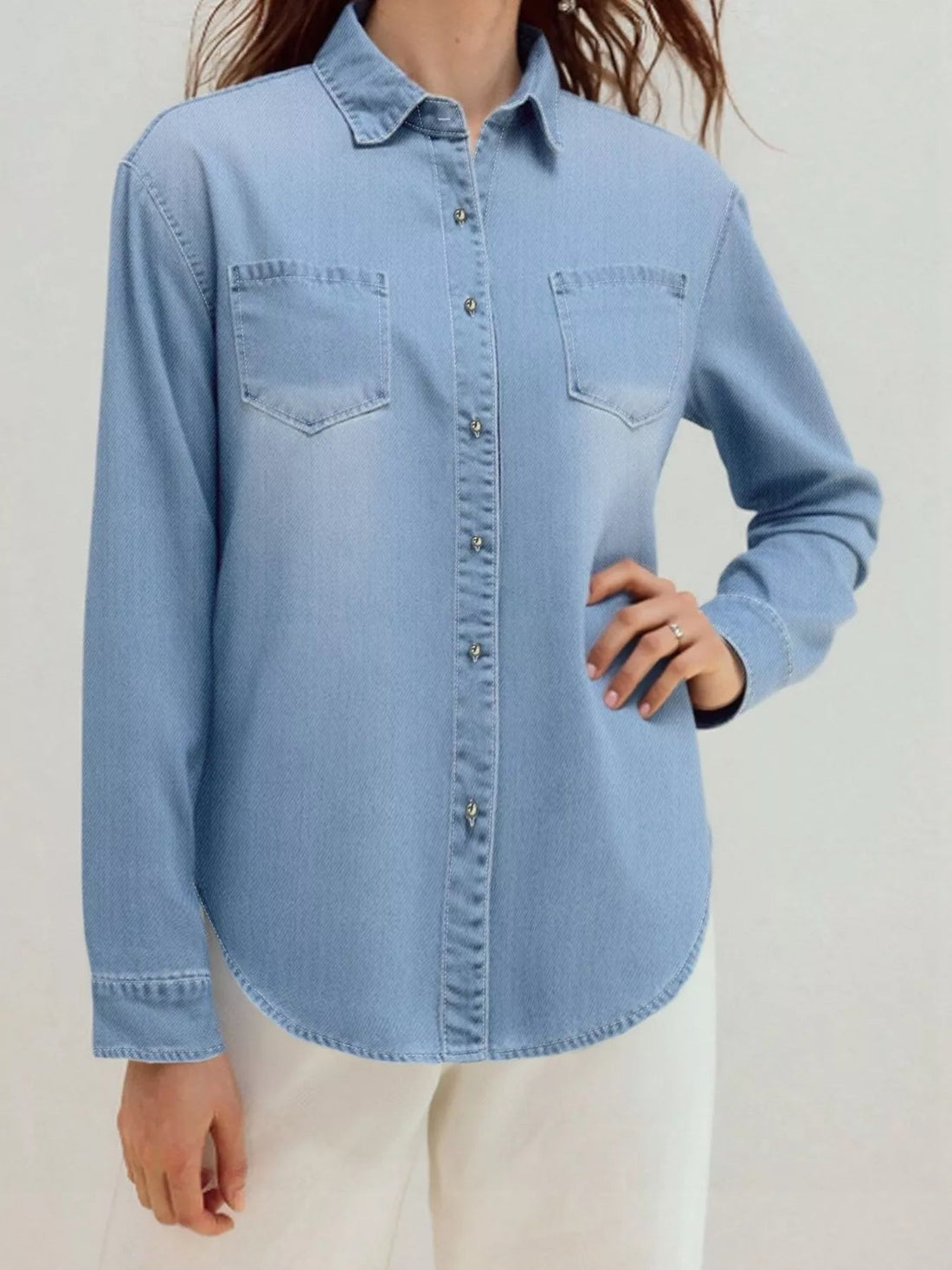 Full Size Button - Up Long Sleeve Denim Shirt Plus Size designed for comfort and style at Lookzlike