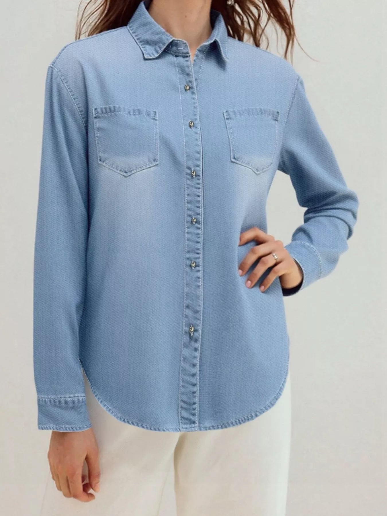 Full Size Button - Up Long Sleeve Denim Shirt Plus Size designed for comfort and style at Lookzlike