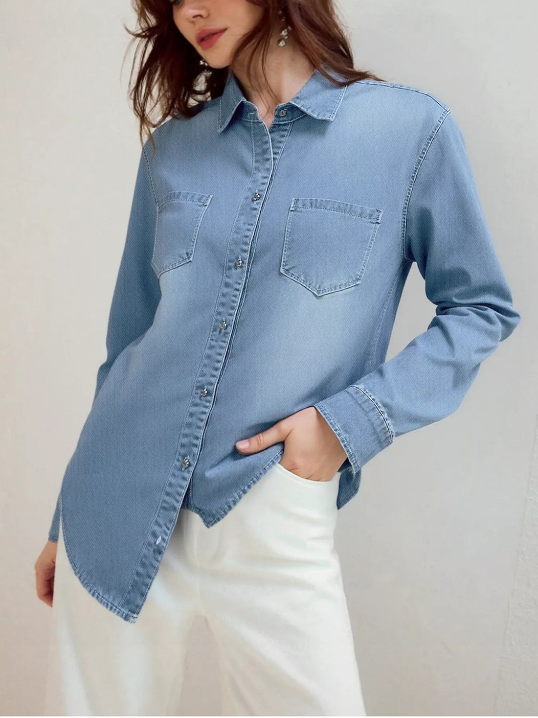 Full Size Button - Up Long Sleeve Denim Shirt Plus Size designed for comfort and style at Lookzlike