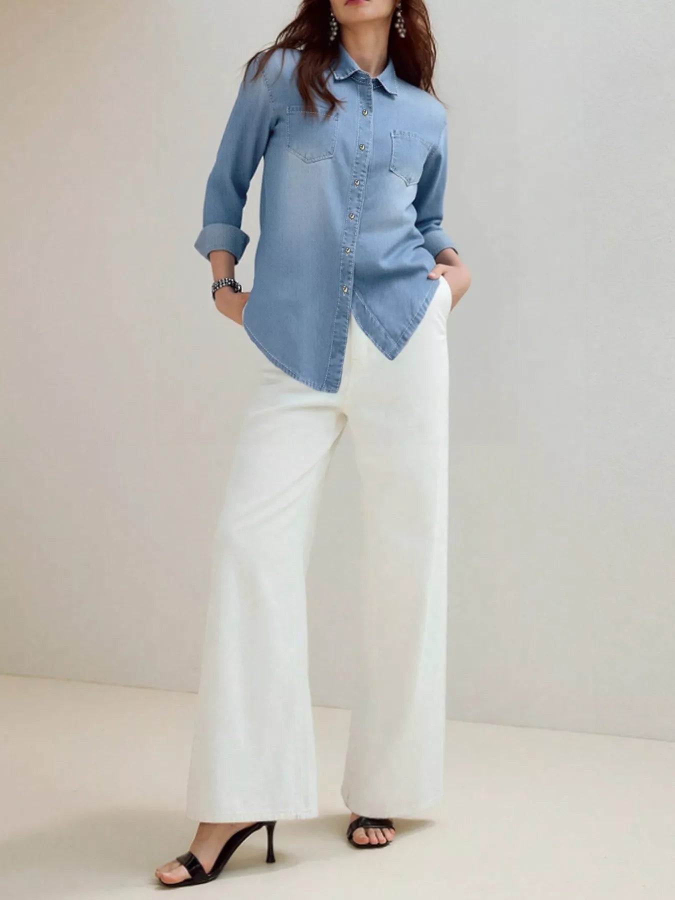 Full Size Button - Up Long Sleeve Denim Shirt Plus Size designed for comfort and style at Lookzlike