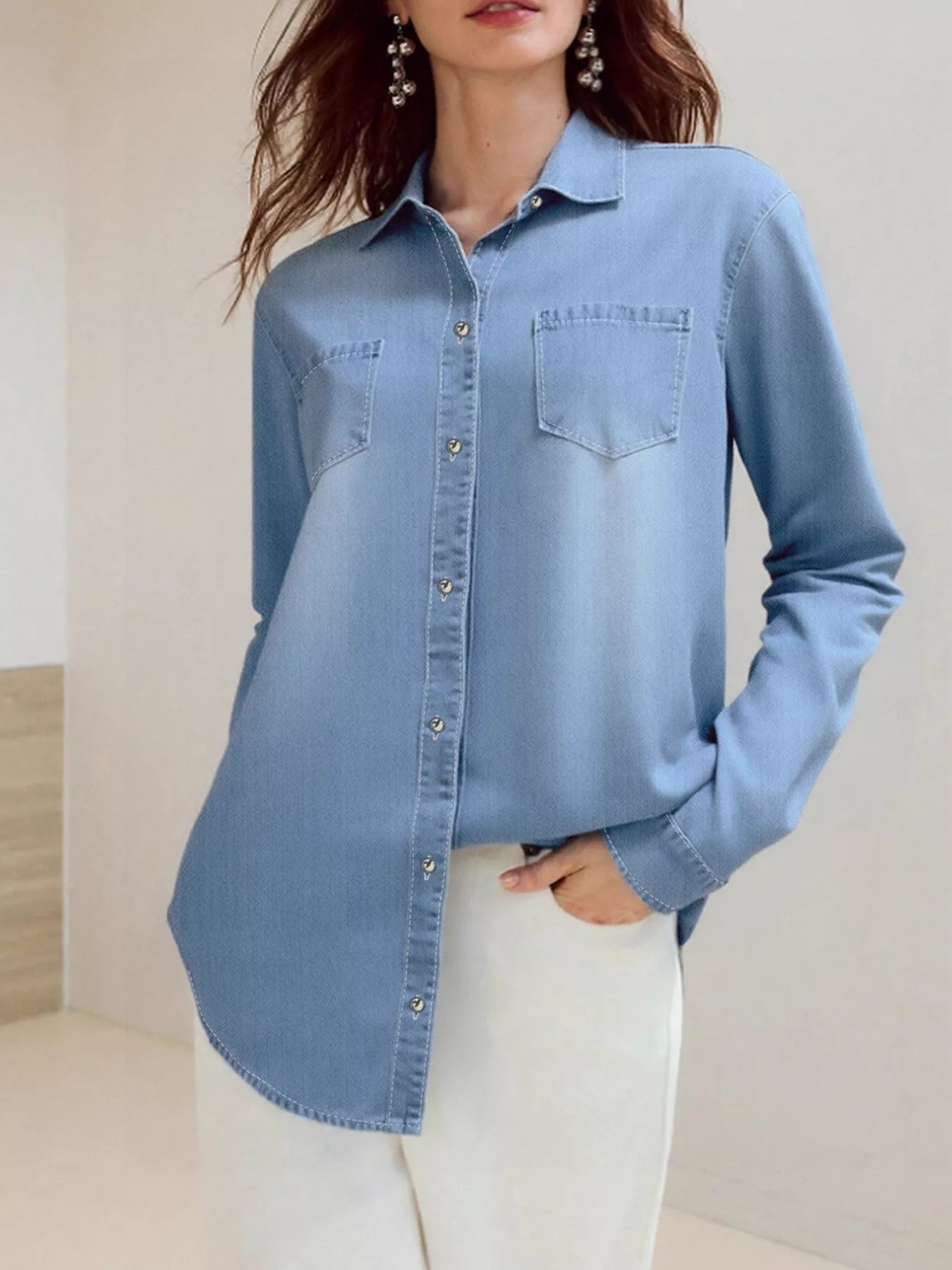 Full Size Button - Up Long Sleeve Denim Shirt Plus Size designed for comfort and style at Lookzlike