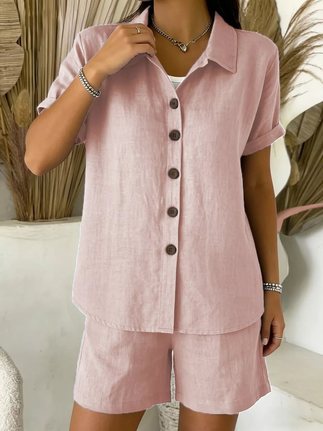 Full Size Button-Up Shirt and Shorts Set Plus Size designed for comfort and style at Lookzlike