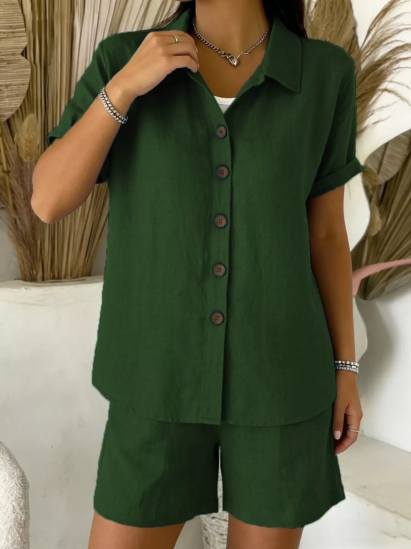 Full Size Button-Up Shirt and Shorts Set Plus Size designed for comfort and style at Lookzlike