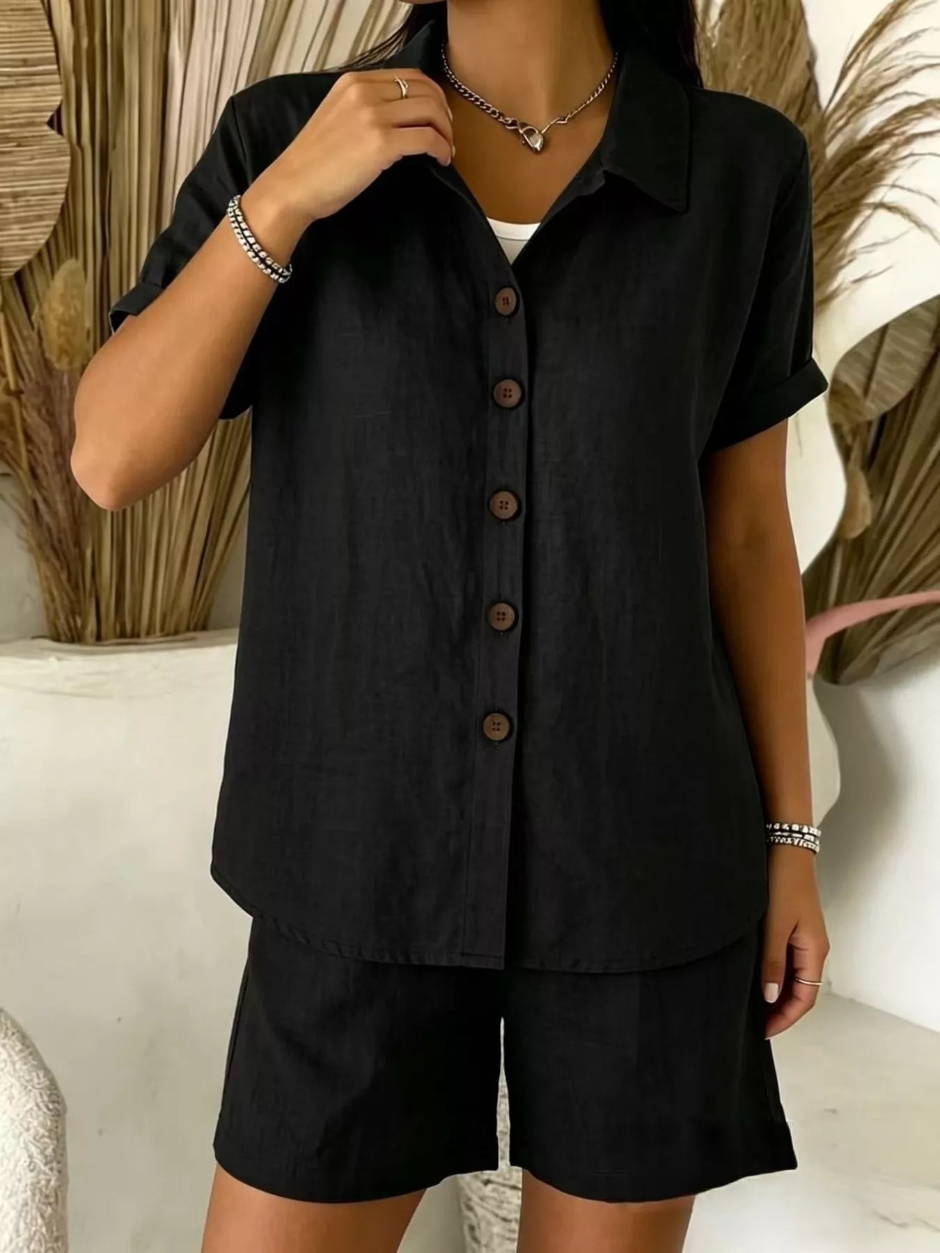 Full Size Button-Up Shirt and Shorts Set Plus Size designed for comfort and style at Lookzlike