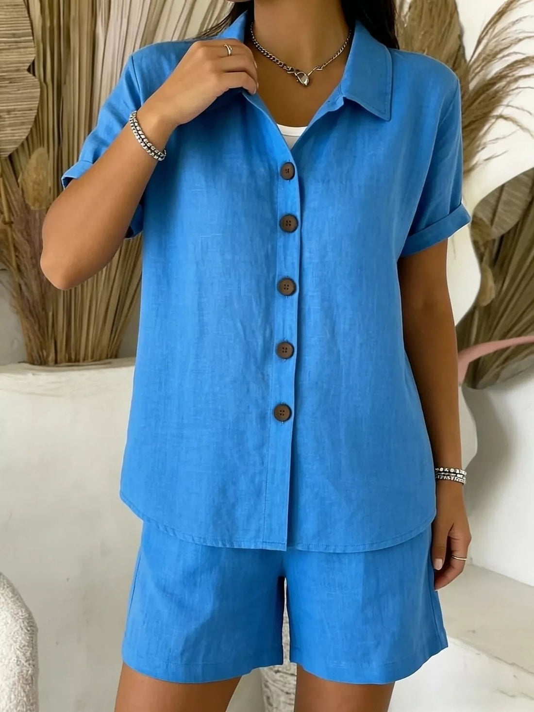 Full Size Button-Up Shirt and Shorts Set Plus Size designed for comfort and style at Lookzlike
