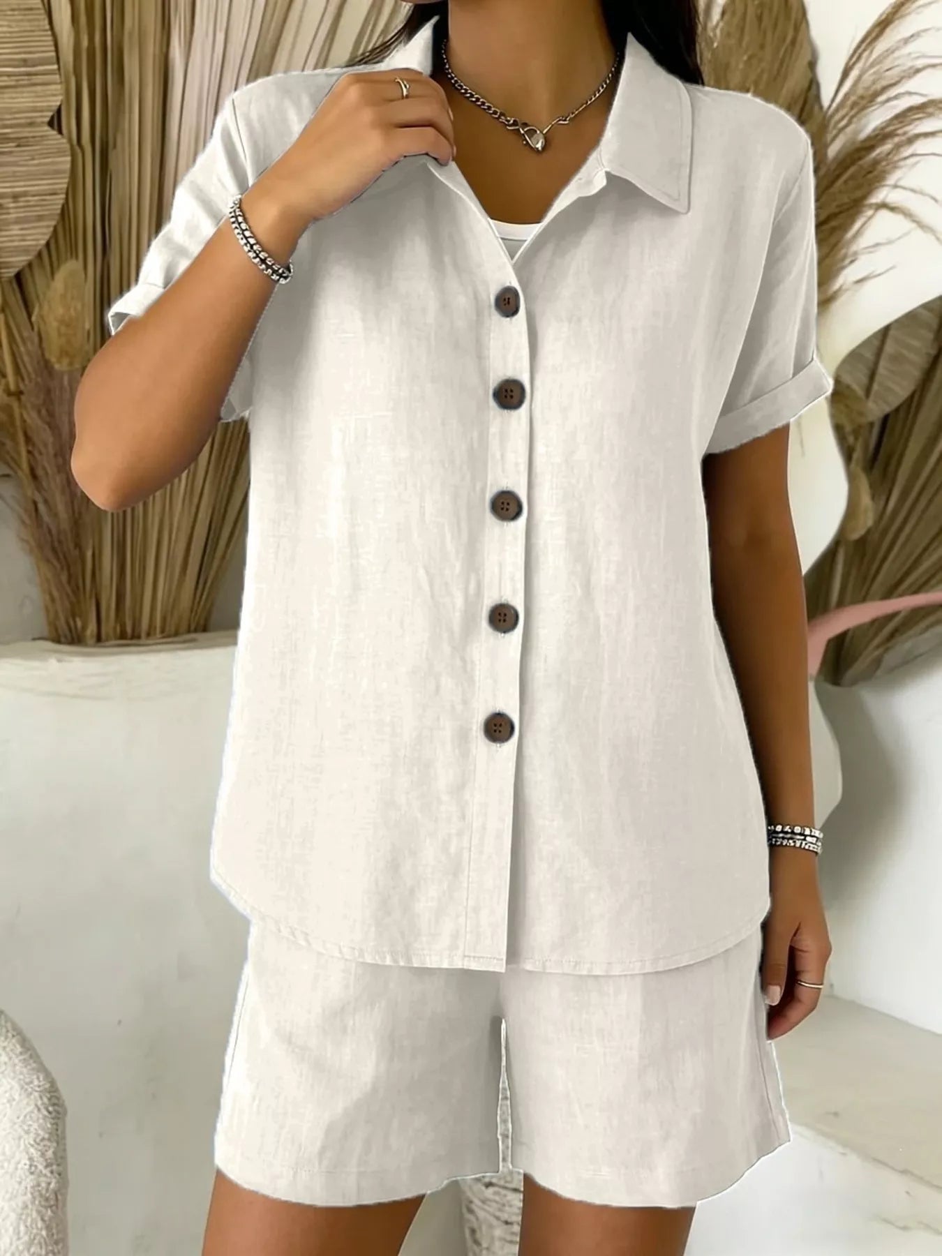 Full Size Button-Up Shirt and Shorts Set Plus Size designed for comfort and style at Lookzlike