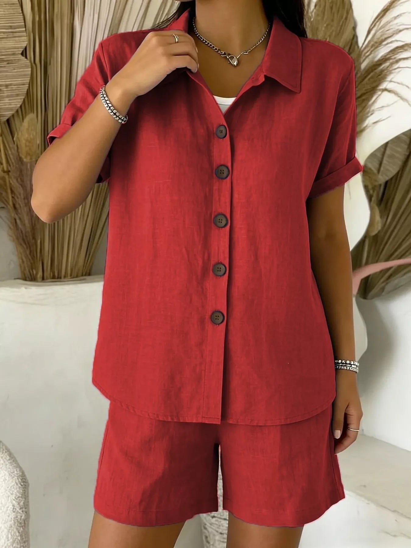 Full Size Button-Up Shirt and Shorts Set Plus Size designed for comfort and style at Lookzlike