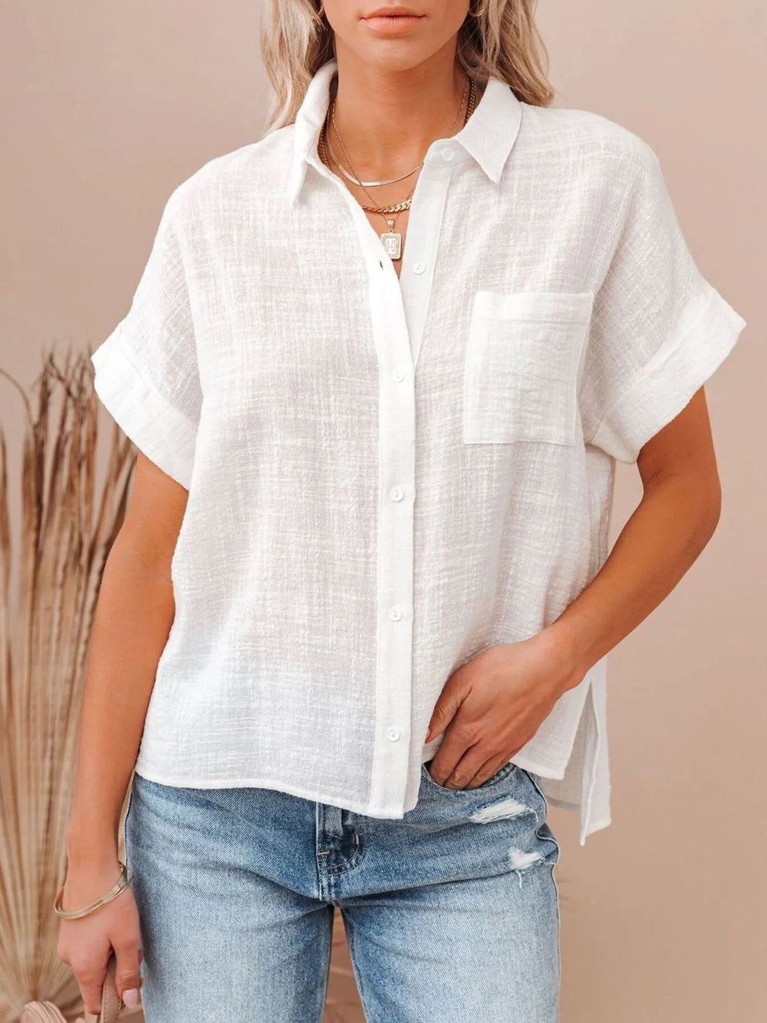 Full Size Button Up Short Sleeve Shirt Plus Size - Lookzlike
