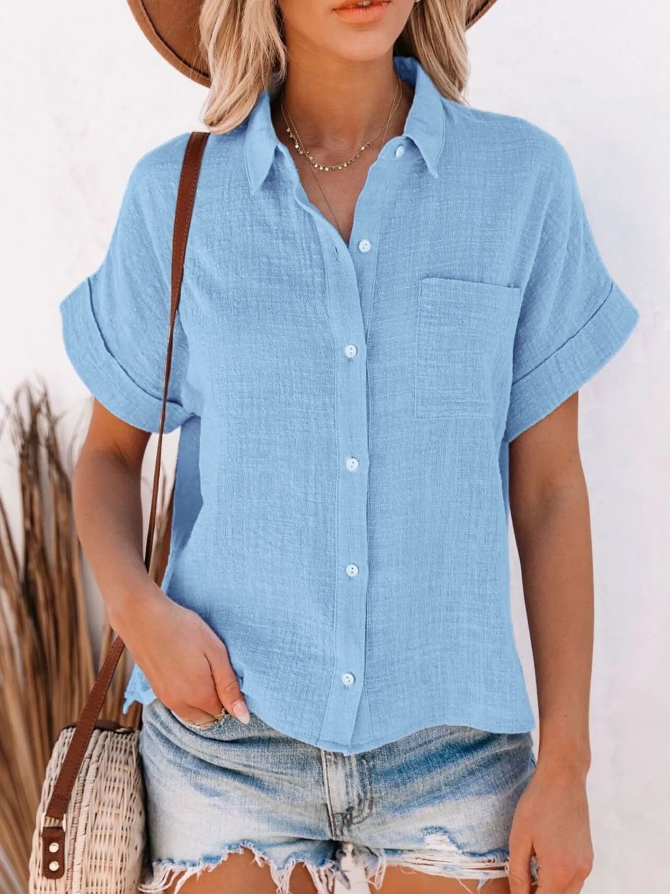 Full Size Button Up Short Sleeve Shirt Plus Size - Lookzlike