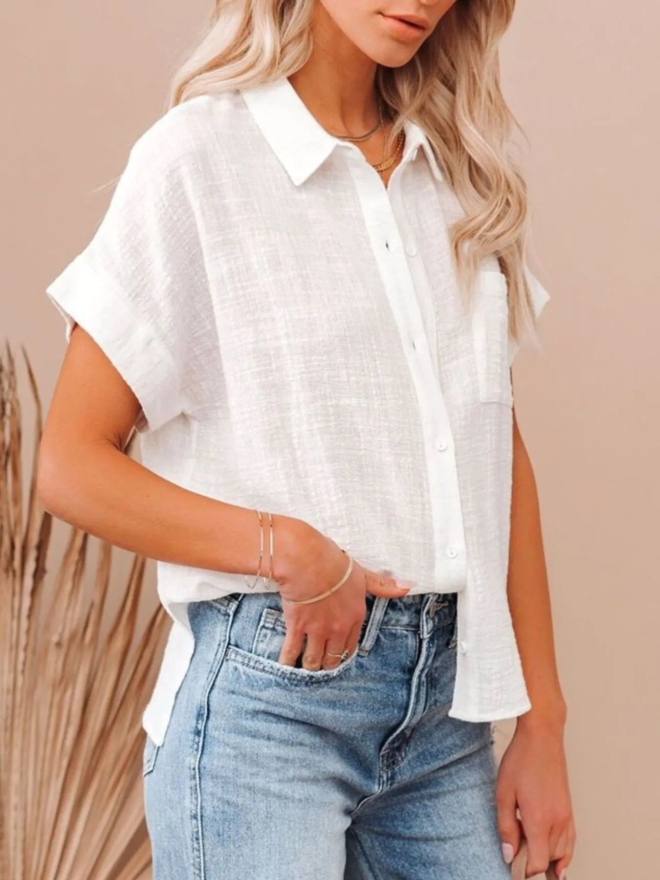 Full Size Button Up Short Sleeve Shirt Plus Size - Lookzlike