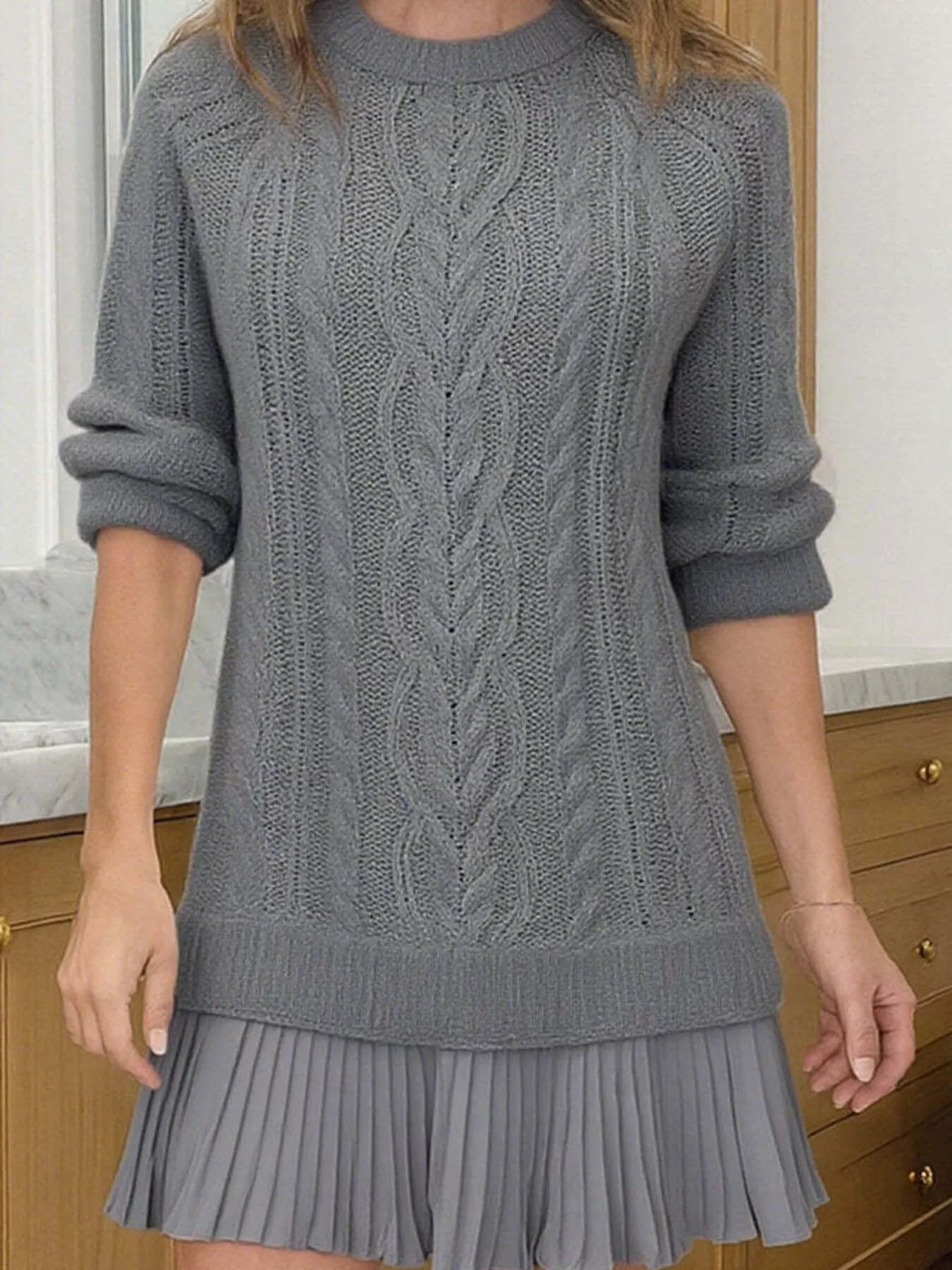 Full Size Cable - Knit Mini Sweater Dress Plus Size designed for comfort and style at Lookzlike