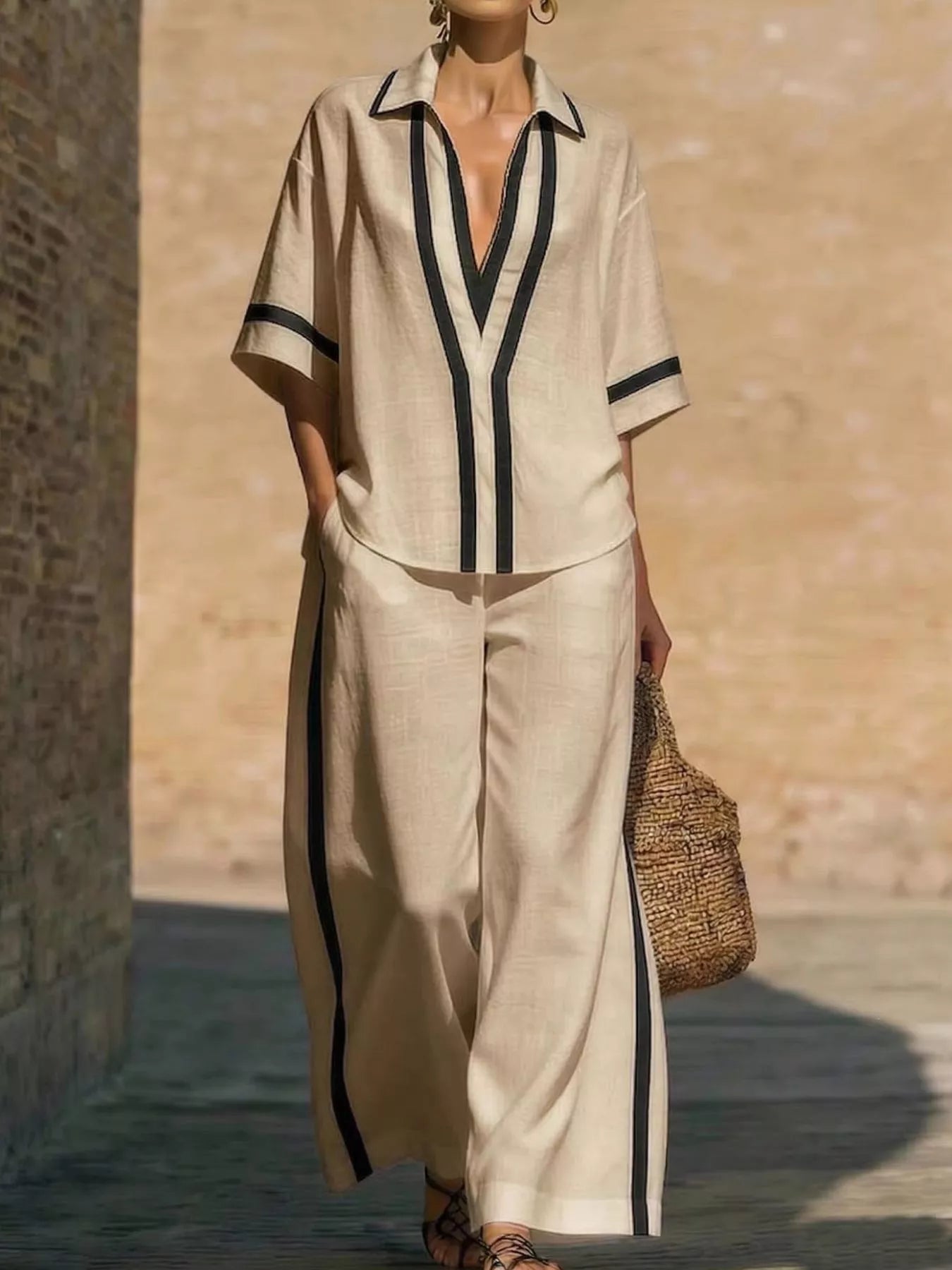 Full Size Contrast Trim Top and Pants Set Plus Size designed for comfort and style at Lookzlike