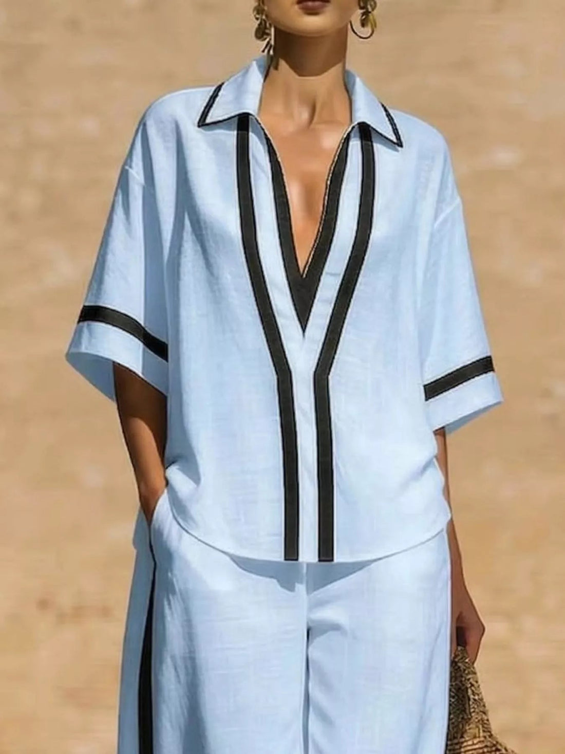 Full Size Contrast Trim Top and Pants Set Plus Size designed for comfort and style at Lookzlike
