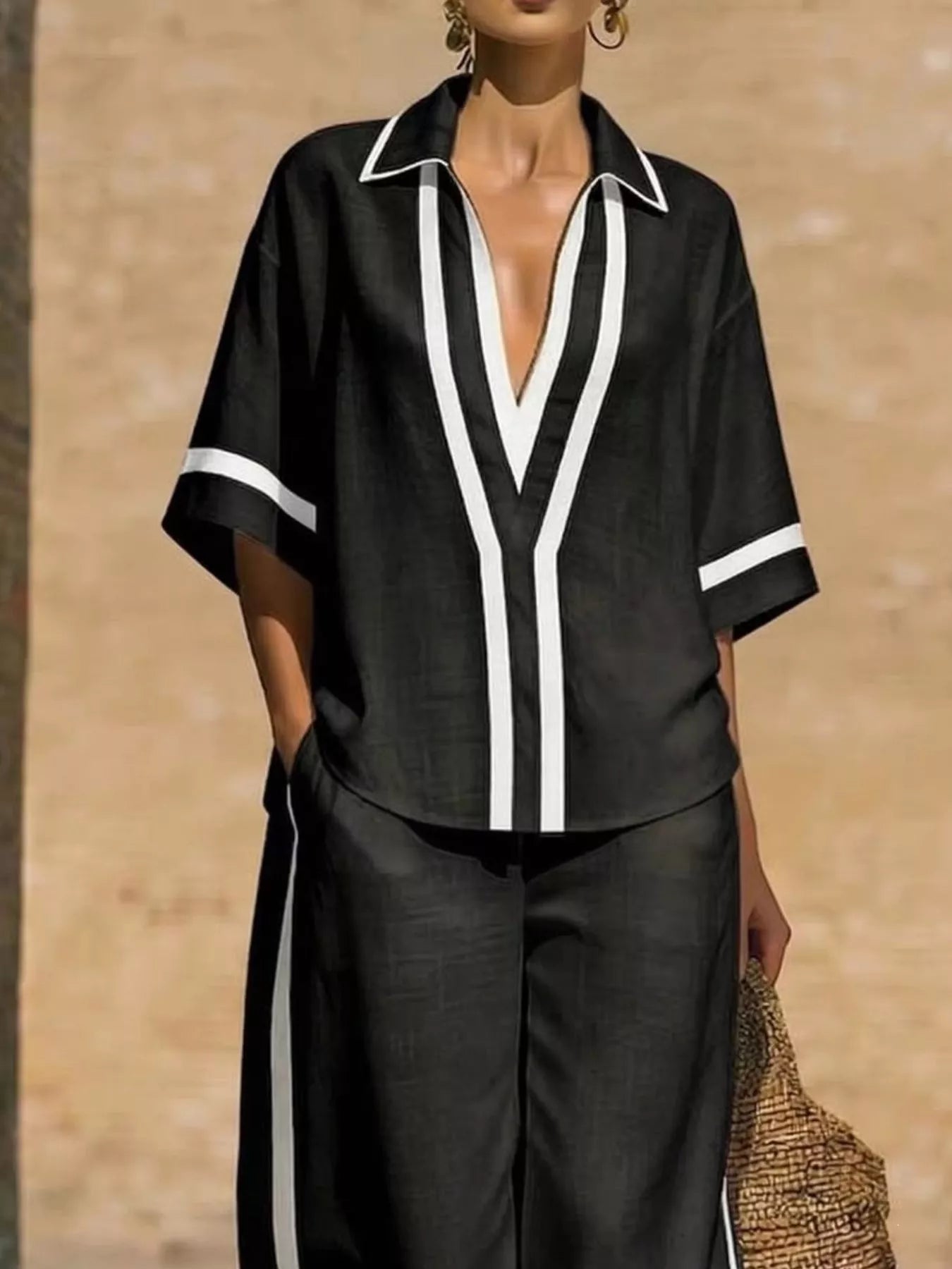 Full Size Contrast Trim Top and Pants Set Plus Size designed for comfort and style at Lookzlike
