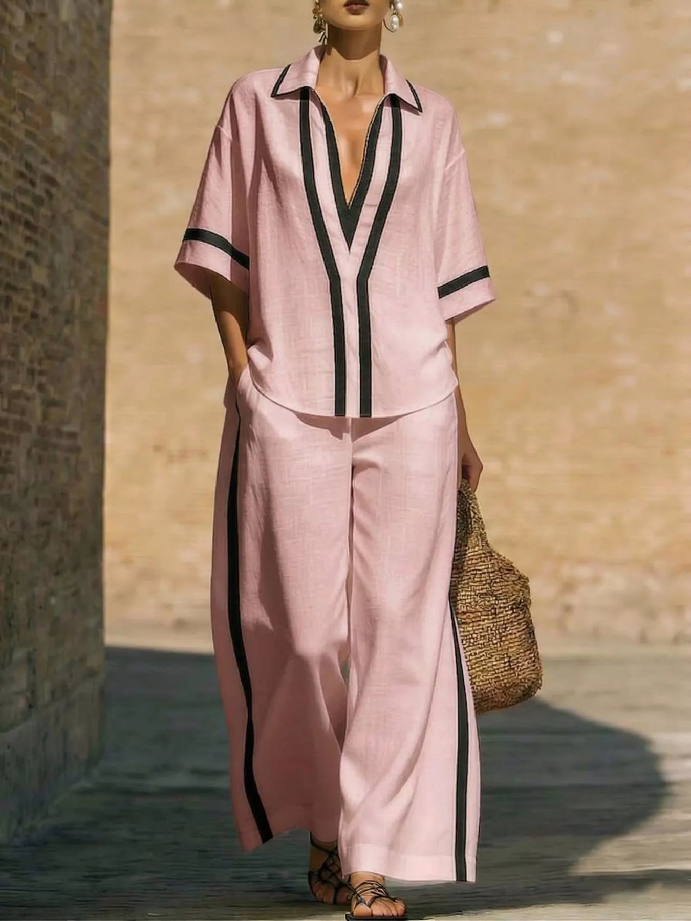 Full Size Contrast Trim Top and Pants Set Plus Size designed for comfort and style at Lookzlike