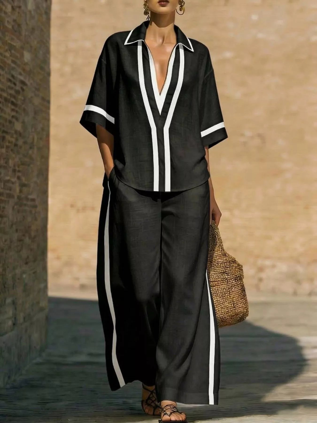 Full Size Contrast Trim Top and Pants Set Plus Size designed for comfort and style at Lookzlike