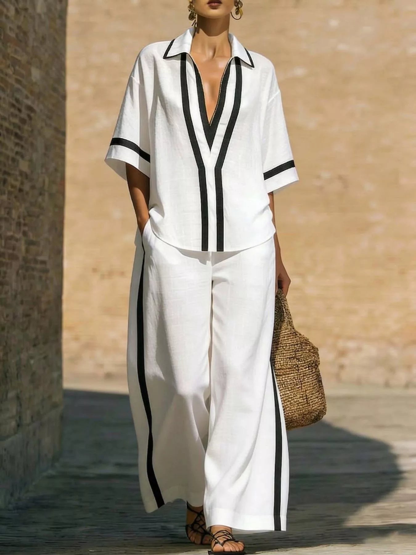 Full Size Contrast Trim Top and Pants Set Plus Size designed for comfort and style at Lookzlike